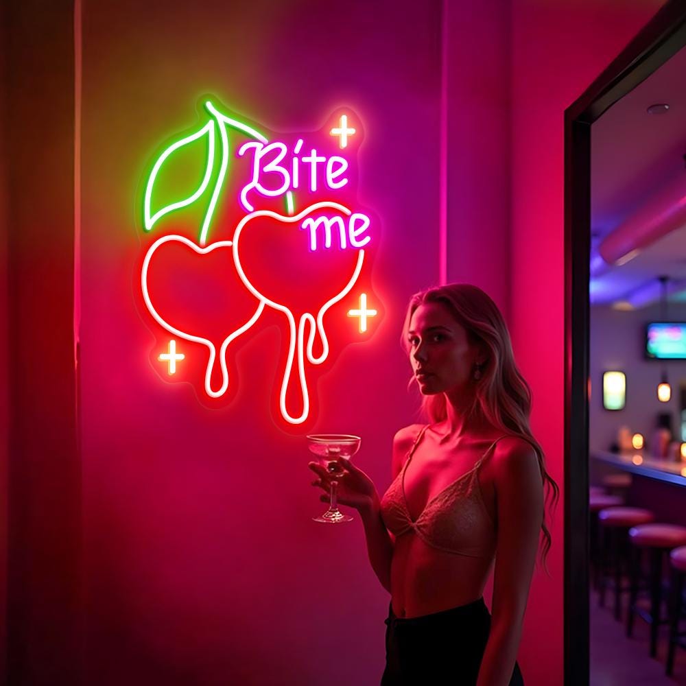 Bite Me Cherry Neon Sign, Dripping Cherry Neon Sign, Custom Neon Sign, Fruit Shop Wall Decor, Cherry Lover Gift, Cherry Led Light Fruit Sign