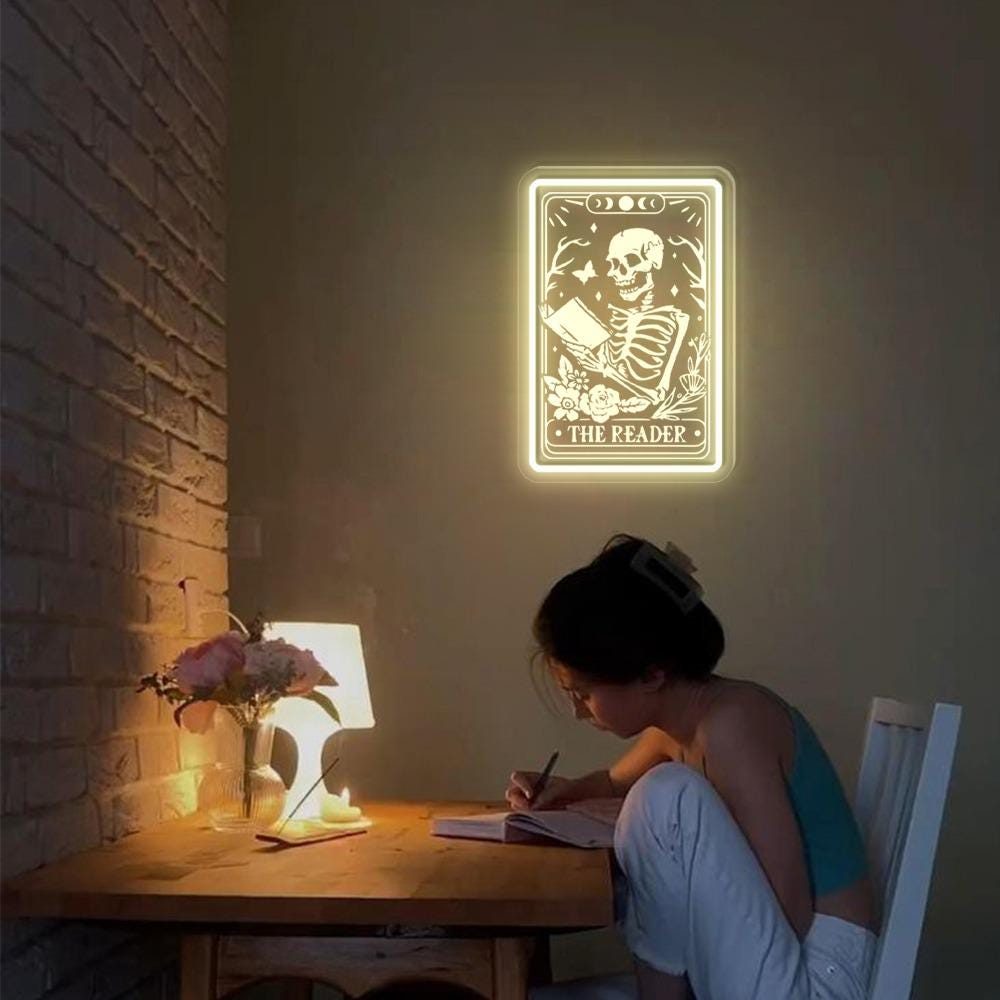 The Reader Tarot Card Neon Sign Gifts, Skeleton Reading Neon Sign, Book Lover Gift For Women, Book Lover Neon Sign, Tarot Card Neon Sign