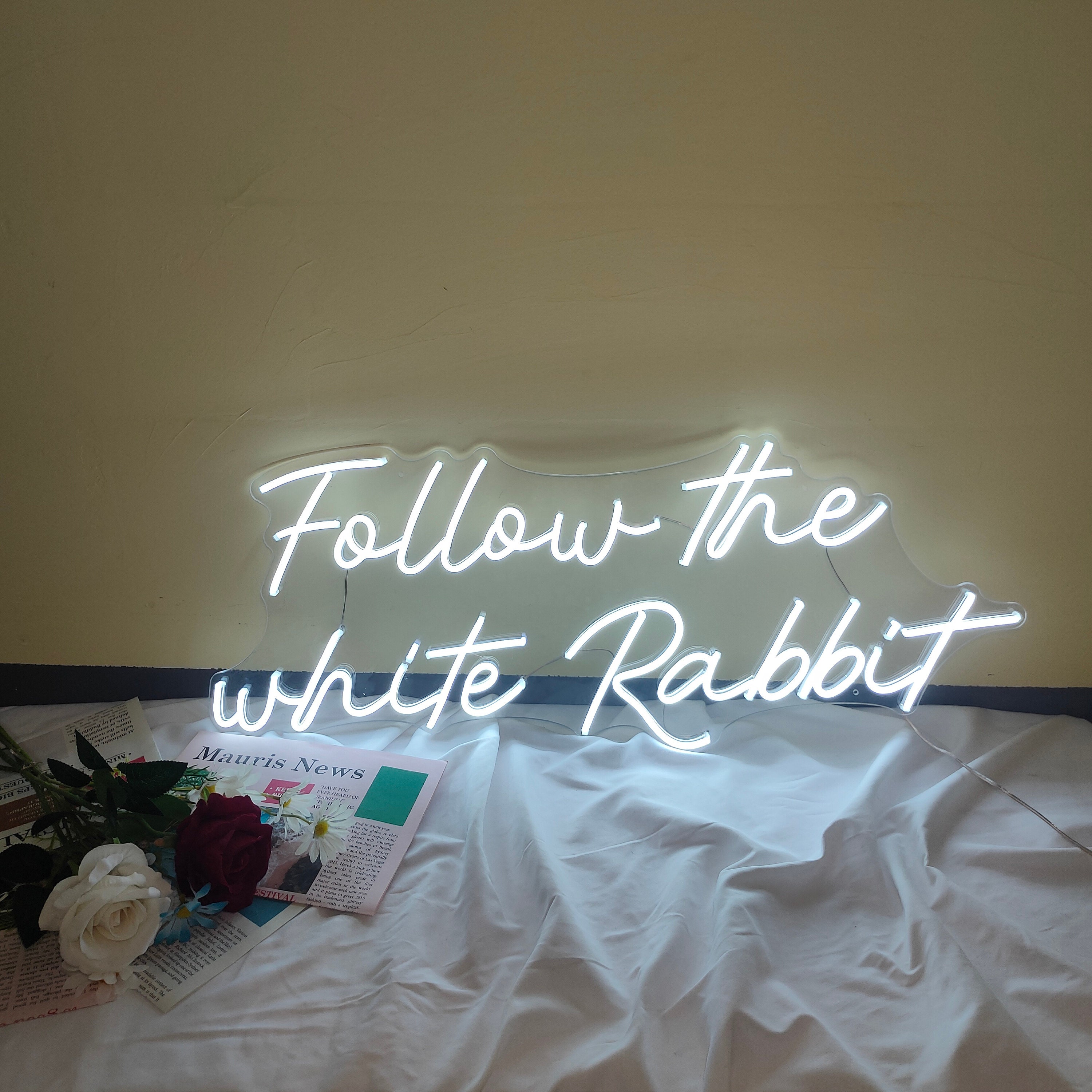 Follow the White Rabbit Neon Sign Custom Name Logo Led Light Home Decor Banner For Room Party Pub Birthday Gift Wed Decoration Acrylic Lamp