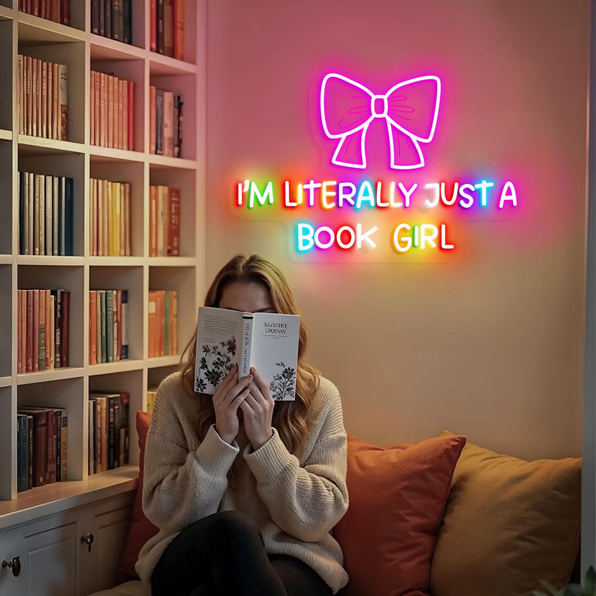 I'm Literally Just A Book Girl Neon Sign Gift Back To School Pink Bows Bedroom Decor Baby Girl Romantic Girly Teen Dorm Wall Decor