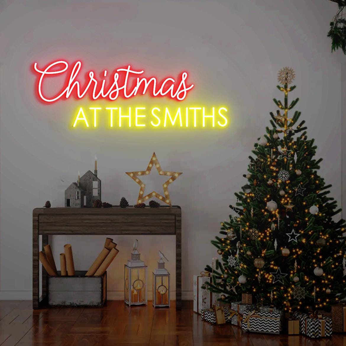 Christmas At The Name Sign Neon Light, Christmas Family Surname Sign, Custom Christmas Gift Idea, Xmas Decor Wall, Christmas Present Family