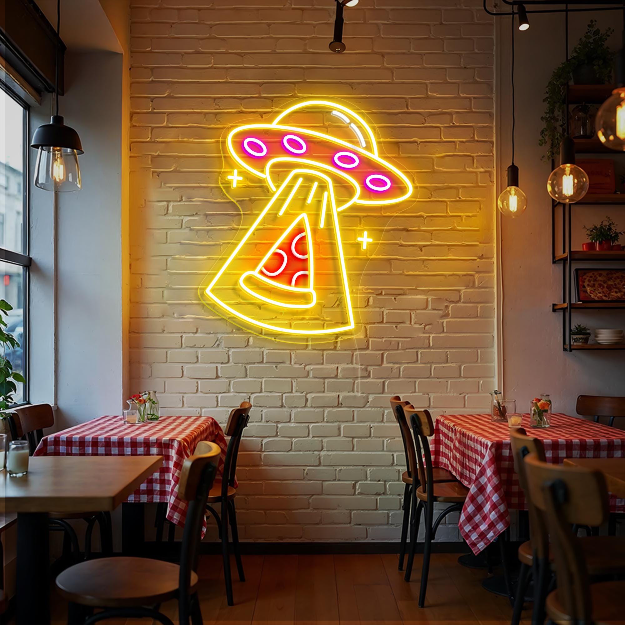 Pizza Custom Neon Sign Pizza Slice Neon Light UFO Space Neon Sign Fast Food Shop Decor Personalized Home Kitchen Decor Restaurant Wall Decor