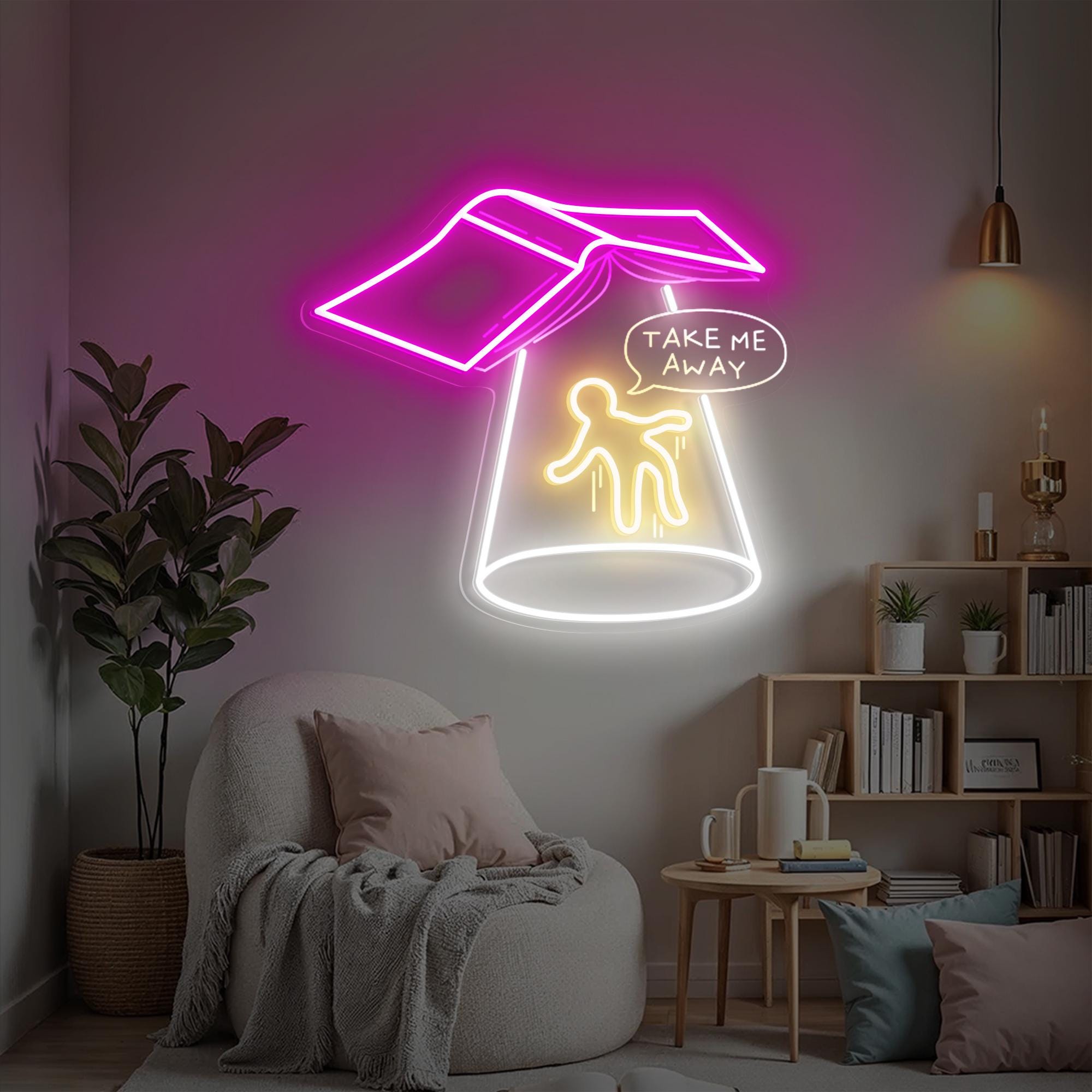 Take Me Away Sci-fi Book LED Neon Sign Gamer Room Wall Hanging, Aesthetic Library Wall Decor, Gift for Book Readers, Birthday Gifts
