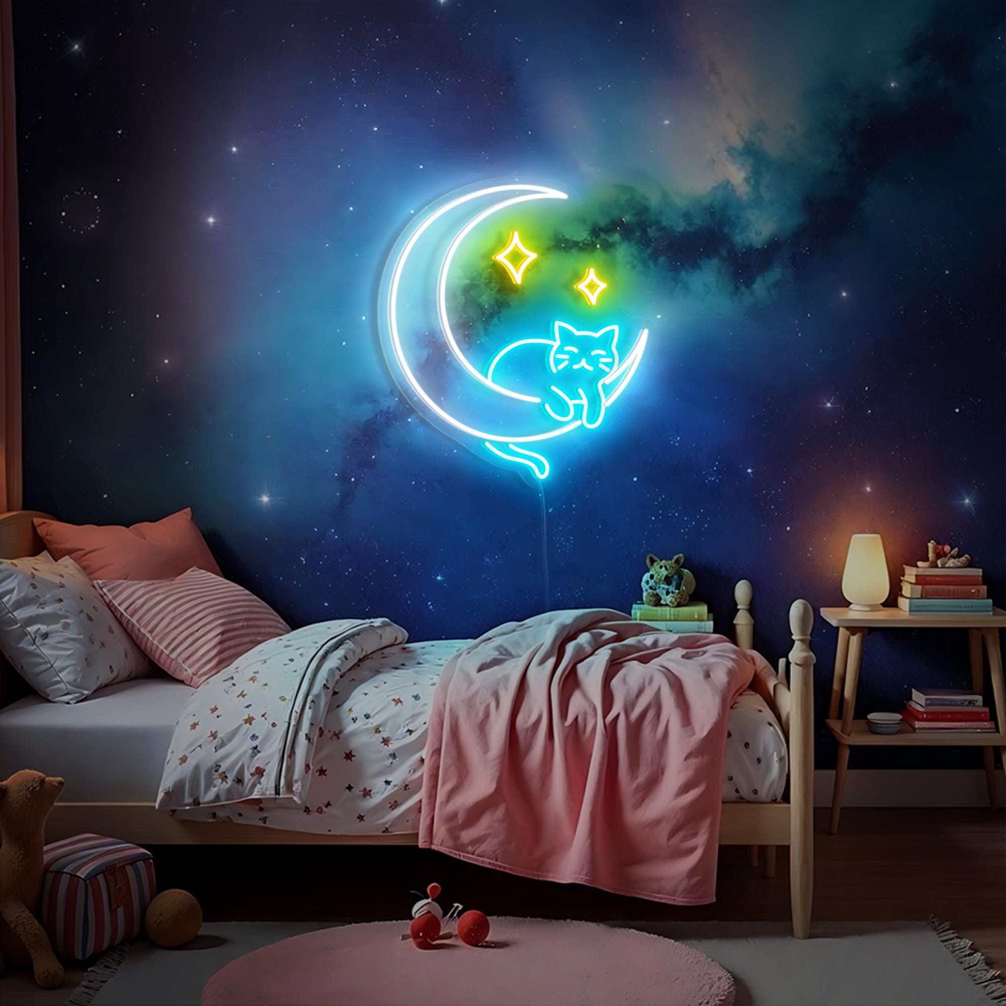 Clumsy Cat Moon Neon Sign Funny Cat Wall Art Cute Cat Led Sign Cat Moon Star Kawaii Cat Wall Art Kawaii Room Decor Girl Game Room Decoration