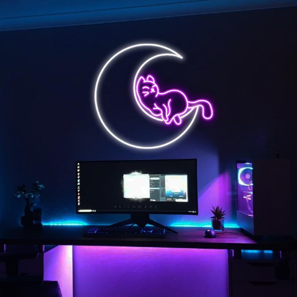 Cat on Moon Neon Sign, Moon Cat LED Wall Art, Kids Room Decor, Cat Lovers Gift, Custom Neon Cat Moon Sign, LED Neon Art, Cat Moon Gift Idea