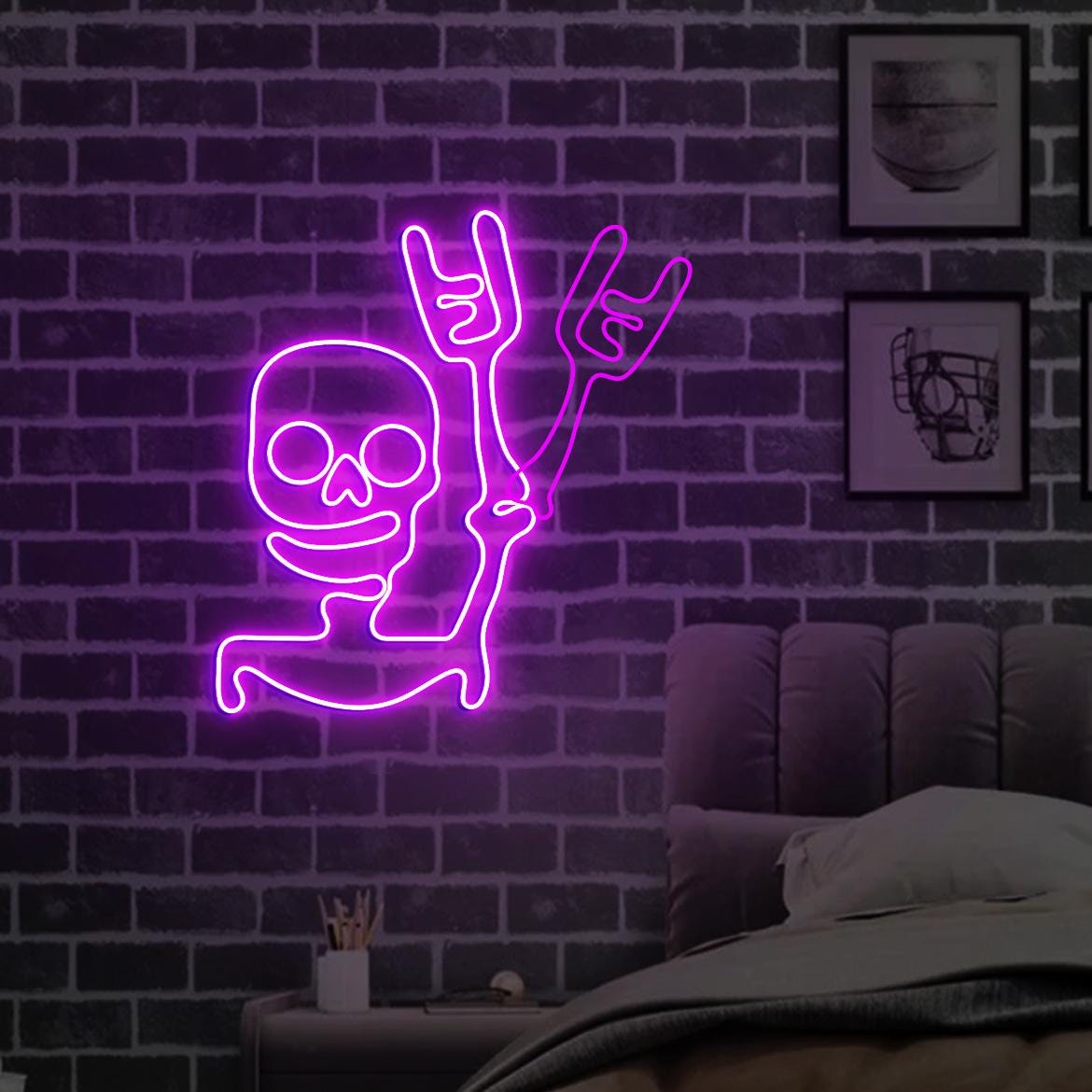 Skeleton Waving Hand Neon Sign, Halloween Skull Door Window Decorations, Funny Skull Waving Light Halloween Party Night Decor