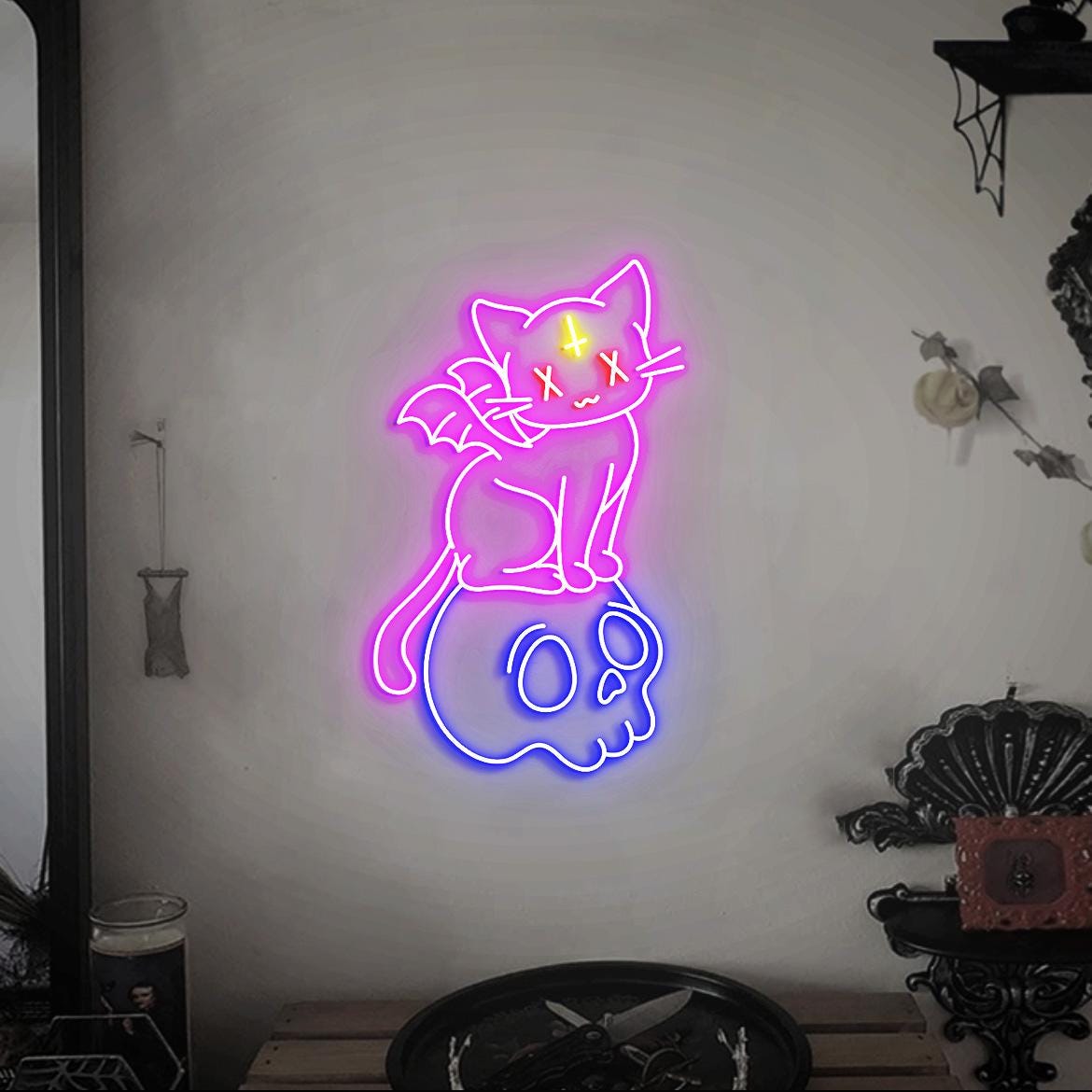 Pastel Goth Cat Neon Light, Kawaii Pastel Goth Cat Led Neon Sign, Cat on the Skull, Cute Pastel Cat for Girl, Pastel Anime Neon Sign Light
