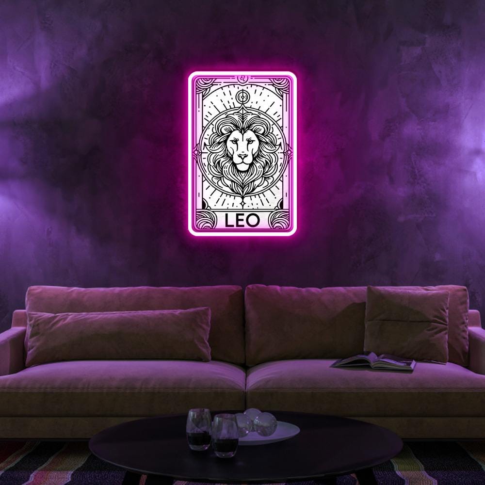 The Leo Tarot Card Neon, Zodiac Tarot Card Neon, Witchy Vibes Celestial Leo Neon, Lion Gothic Tarot Neon Sign, Tarot Card Neon Sign Gifts