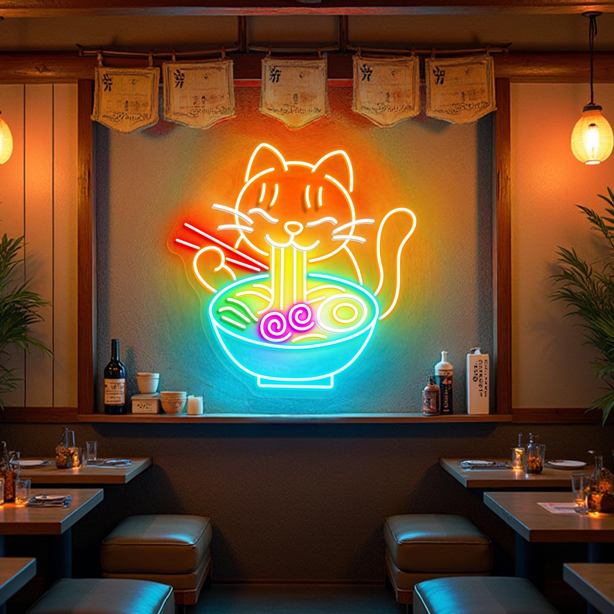 Ramen Cat Neon Sign Cute Kawaii LED Light, Japanese Noodle Shop Decor, Anime Aesthetic Wall Art, Fun Gift for Cat and Food Lovers