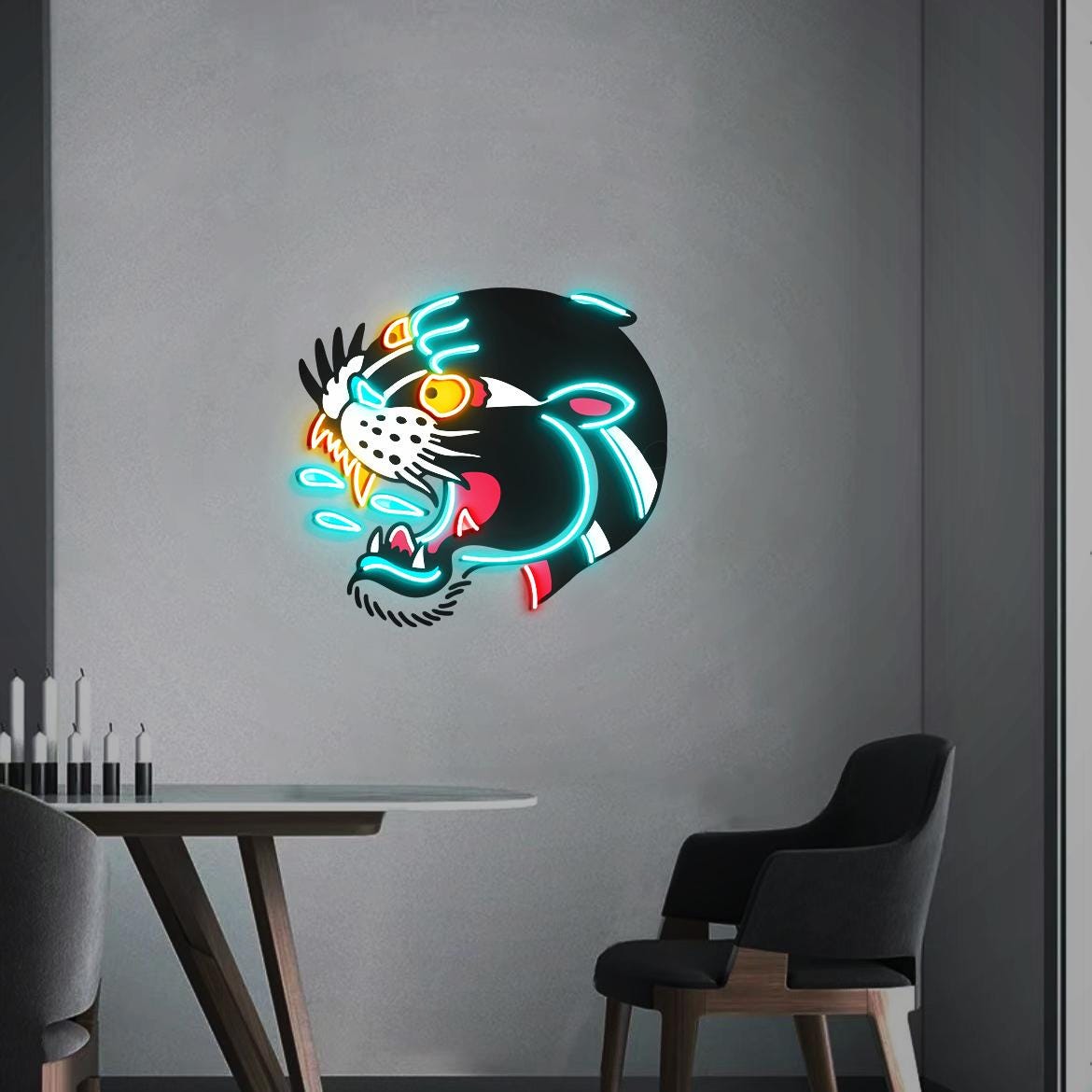 Tattoo Black Panther Neon Sign, UV Printed Black Panther, American Traditional Panther Wall Art, Tattoo Panther Decor, Traditional Tattoo