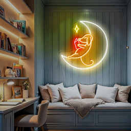 Dachshund Dog Reads Book Neon Sign Moon Neon Sign Book Lover Gift Pet Lover Gift Idea for Kids Personalized Gift Kid Room Decor