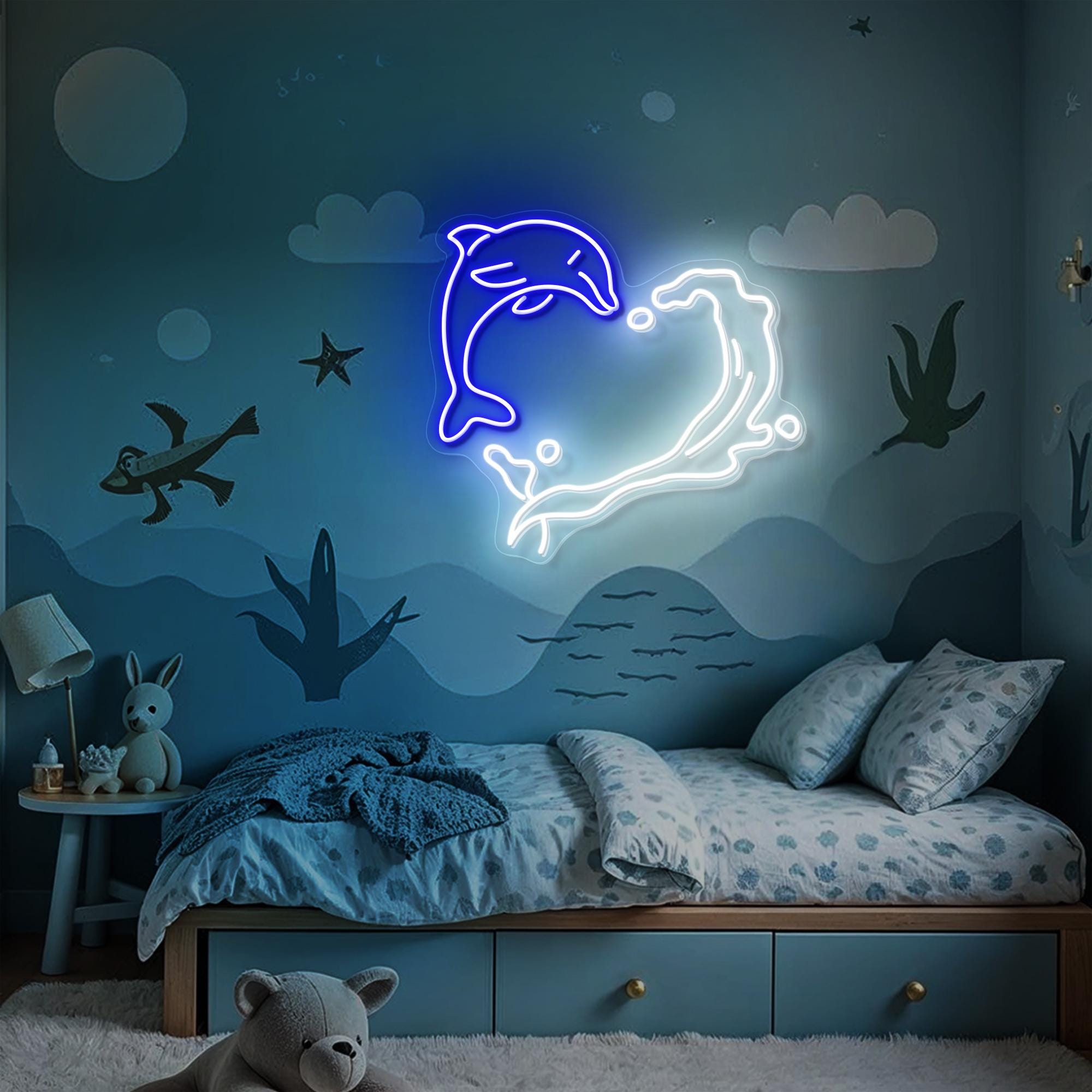 Dolphin Heart Neon Sign Ocean Wave Led Neon Light Tropical Theme Decor Coastal Inspired Wall art Gift for Kid ocean lovers Beach Bar Decor