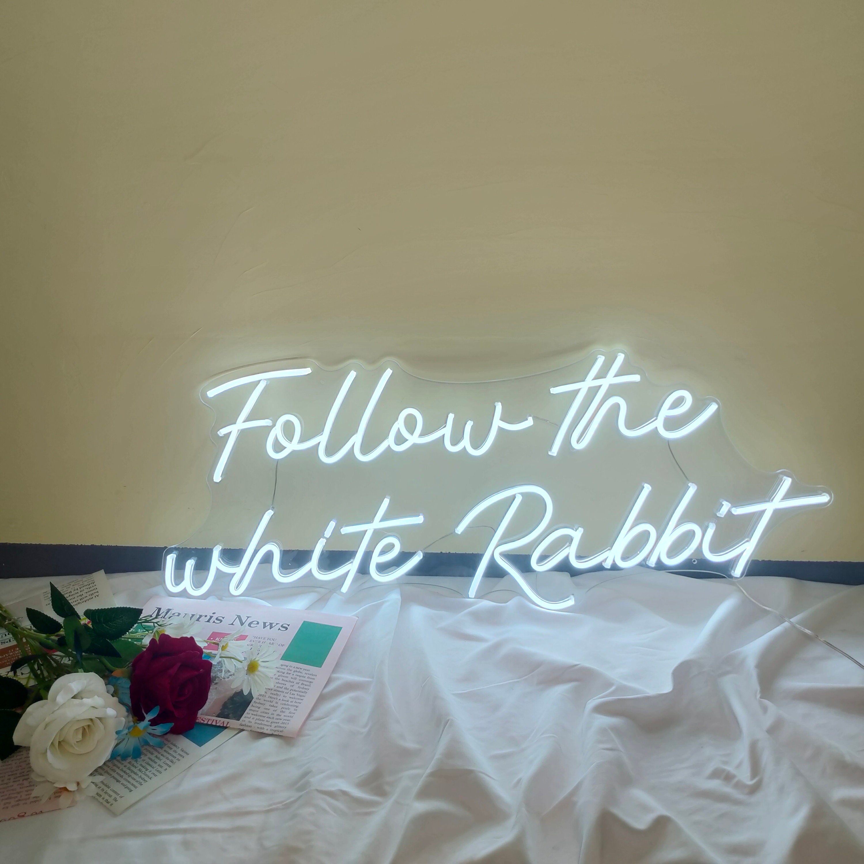 Follow the White Rabbit Neon Sign Custom Name Logo Led Light Home Decor Banner For Room Party Pub Birthday Gift Wed Decoration Acrylic Lamp