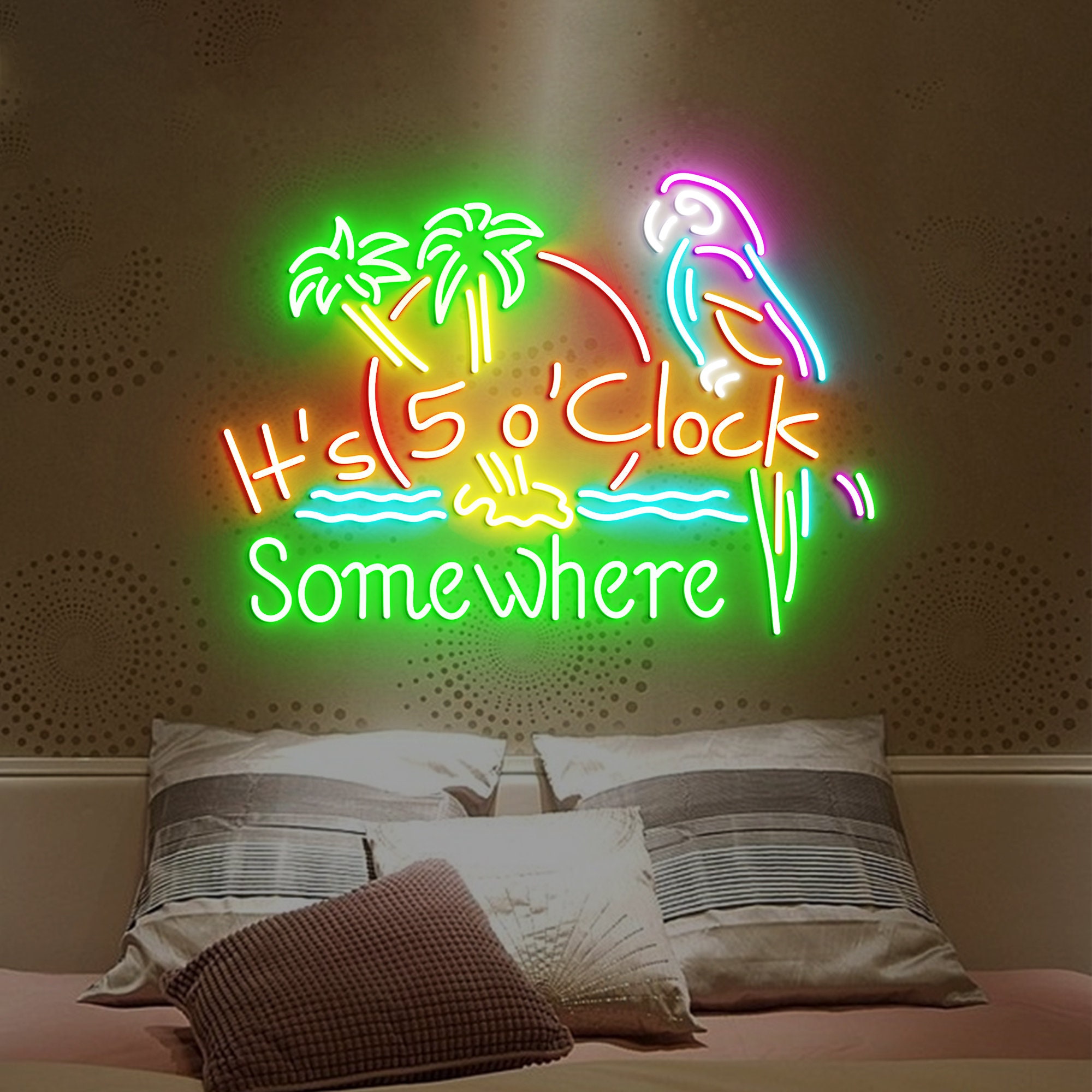 It's 5 O'clock Somewhere Neon Sign, Bar Led Sign, Parrot Neon Light, Beach Neon Sign, Cocktail Bar Sign, Tiki Bar Logo Neon Sign