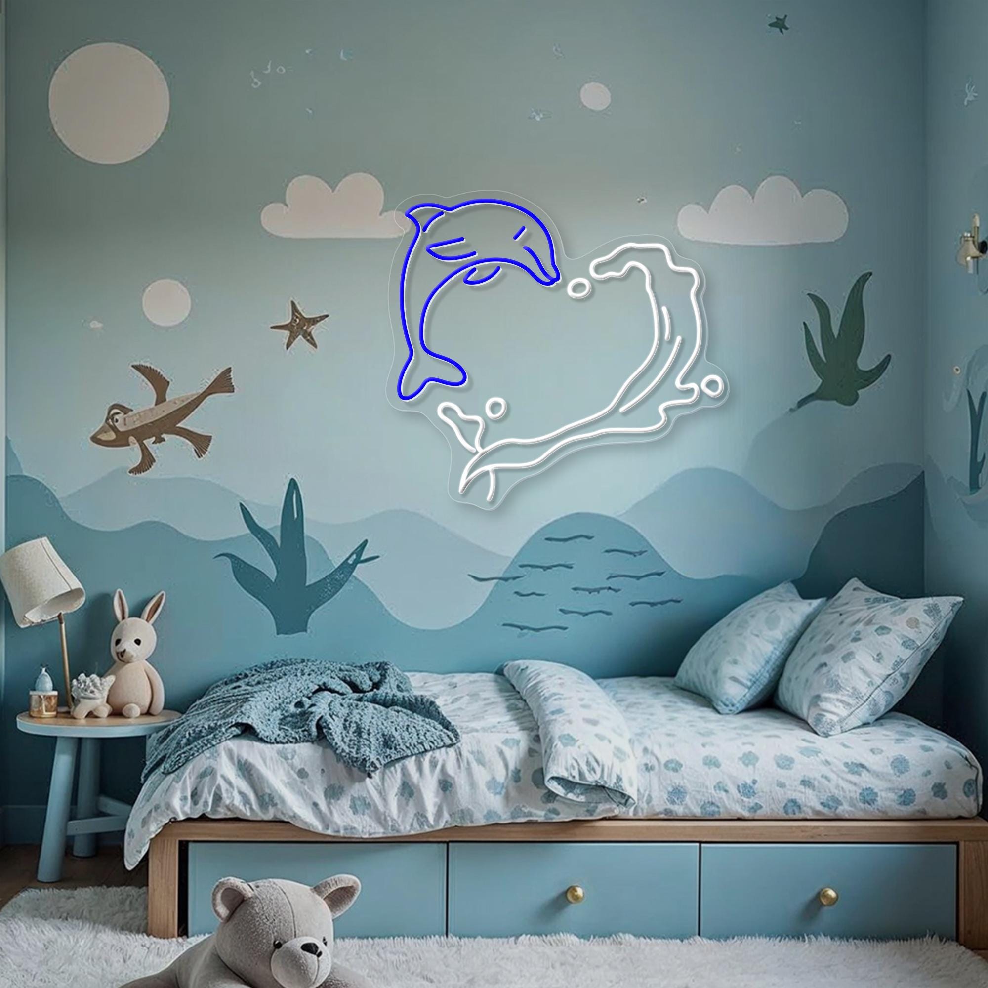Dolphin Heart Neon Sign Ocean Wave Led Neon Light Tropical Theme Decor Coastal Inspired Wall art Gift for Kid ocean lovers Beach Bar Decor