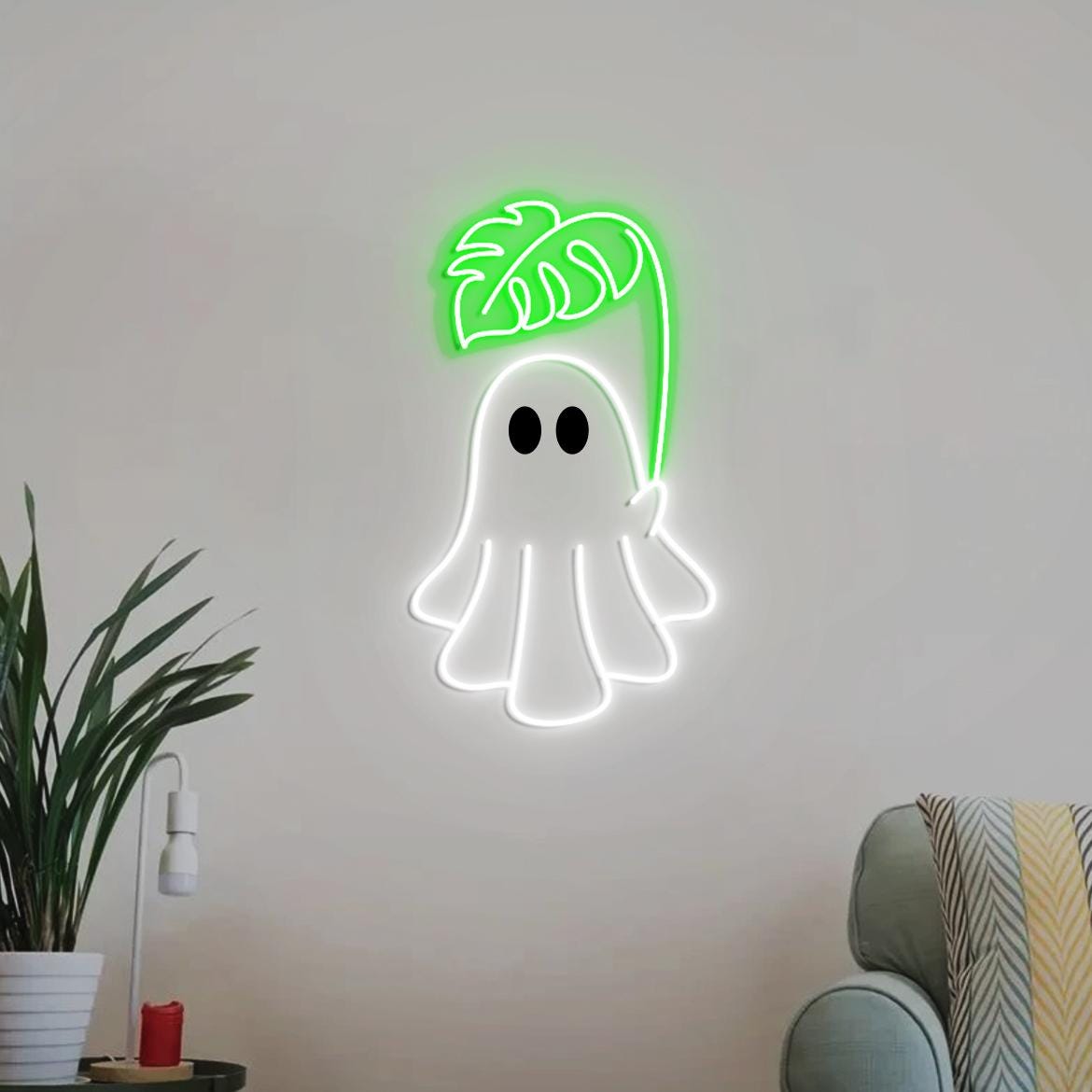 Cute Ghost Monstera Neon Sign, Cute Ghost Neon Light, Monstera Leaf Wall Art, Gifts for Plant Obsessed, Cute Plant Gifts