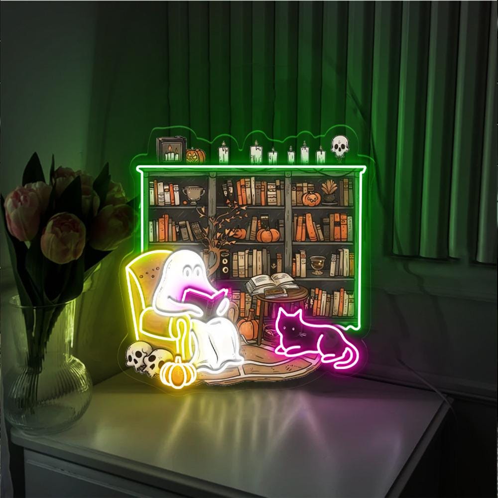 Ghosts Reading Books Neon Sign, Books Lover Ghost Gift, Cute Little Ghost Neon, Librarian Ghost Halloween, Spooky Season Neon, Teacher Gifts