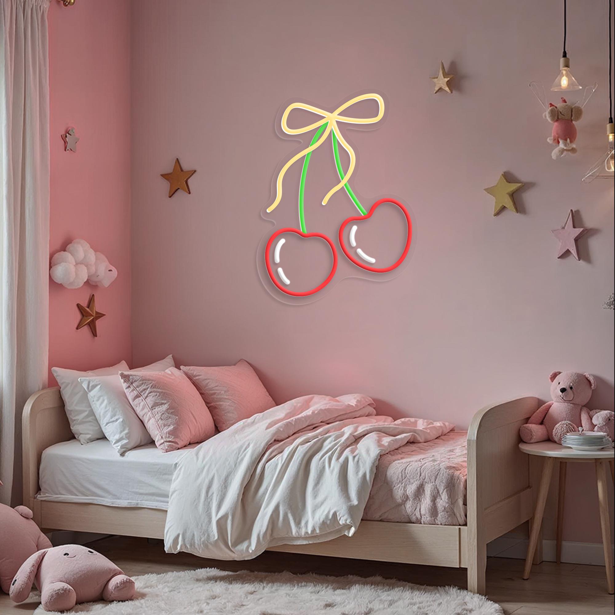 Cherry Neon Sign with Cute Pink Bow LED Wall Light for Bedroom, Bar, and Party Decor, Custom Neon Light Home Decor, Gift For Her