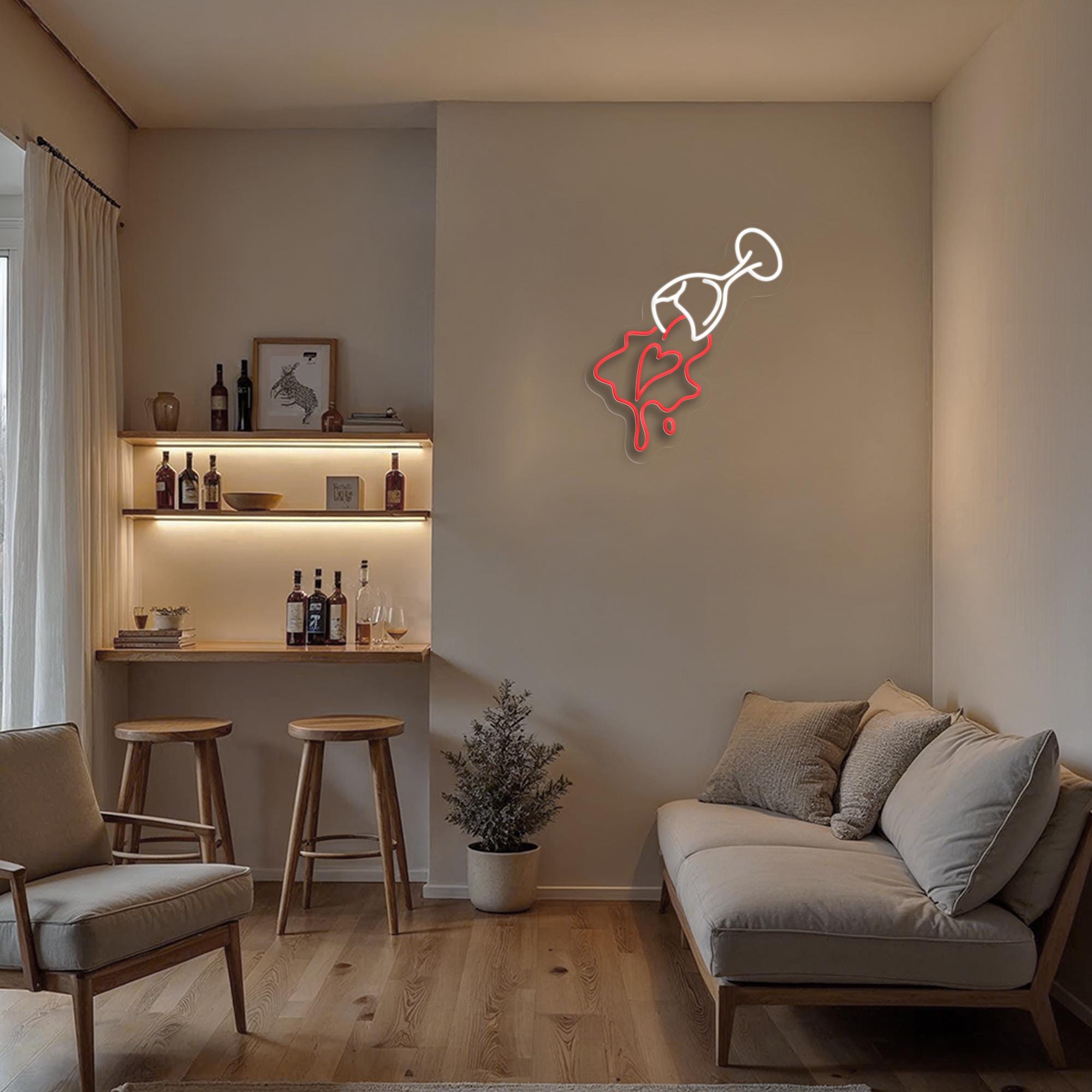 Spilled Wine with Heart Neon Sign Aesthetic Bar LED Light, Wine Glass Wall Art, Cocktail Lounge Decor, Home Bar Sign, Gift for Wine Lovers