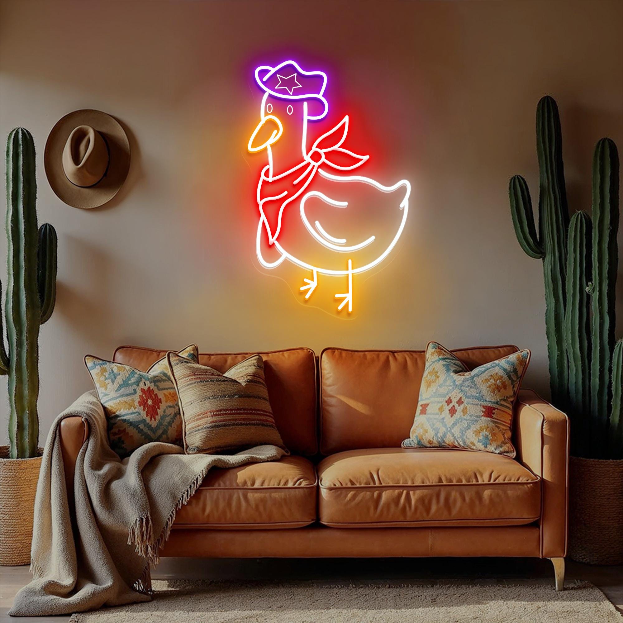 Cowboy Duck Neon Sign Funny Farmhouse LED Light, Western Bar Wall Decor, Rustic Barn Aesthetic, Country Gift for Duck & Cowboy Fans