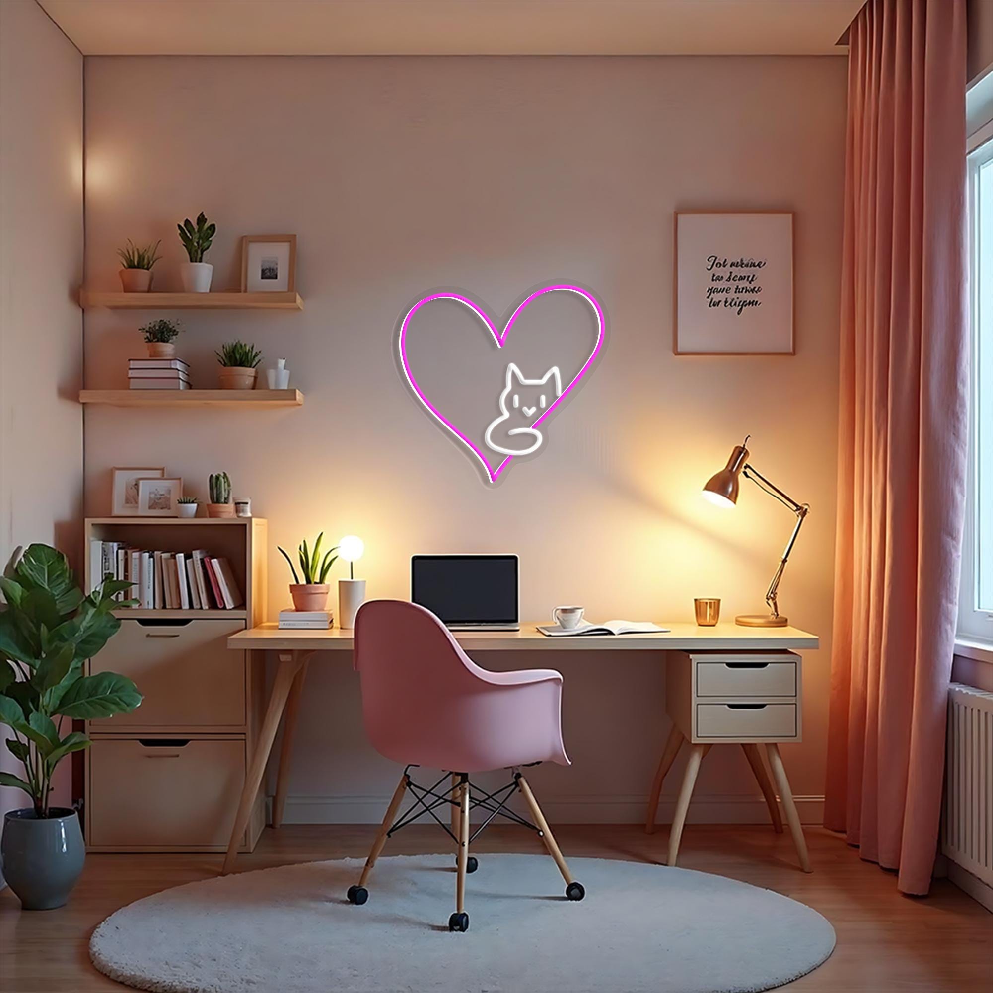 Cat in Heart Neon Sign Custom Heart LED Neon Light Cat Lover Gifts on Valentine Day Decor Wall Hanging Decor for Bedroom Personalized Gifts