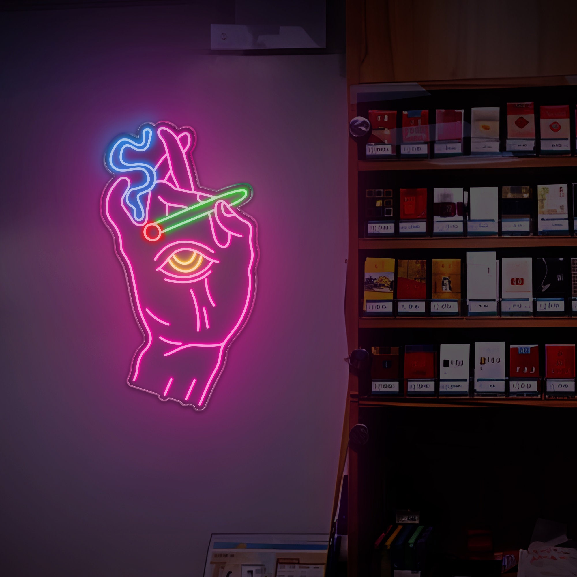 Smoke Led Sign,Smoking Hand With Eye Neon Light,Led Neon Sign Art, Custom Bar Sign,Smoke Shop Led Decor,Window Neon Light Decor