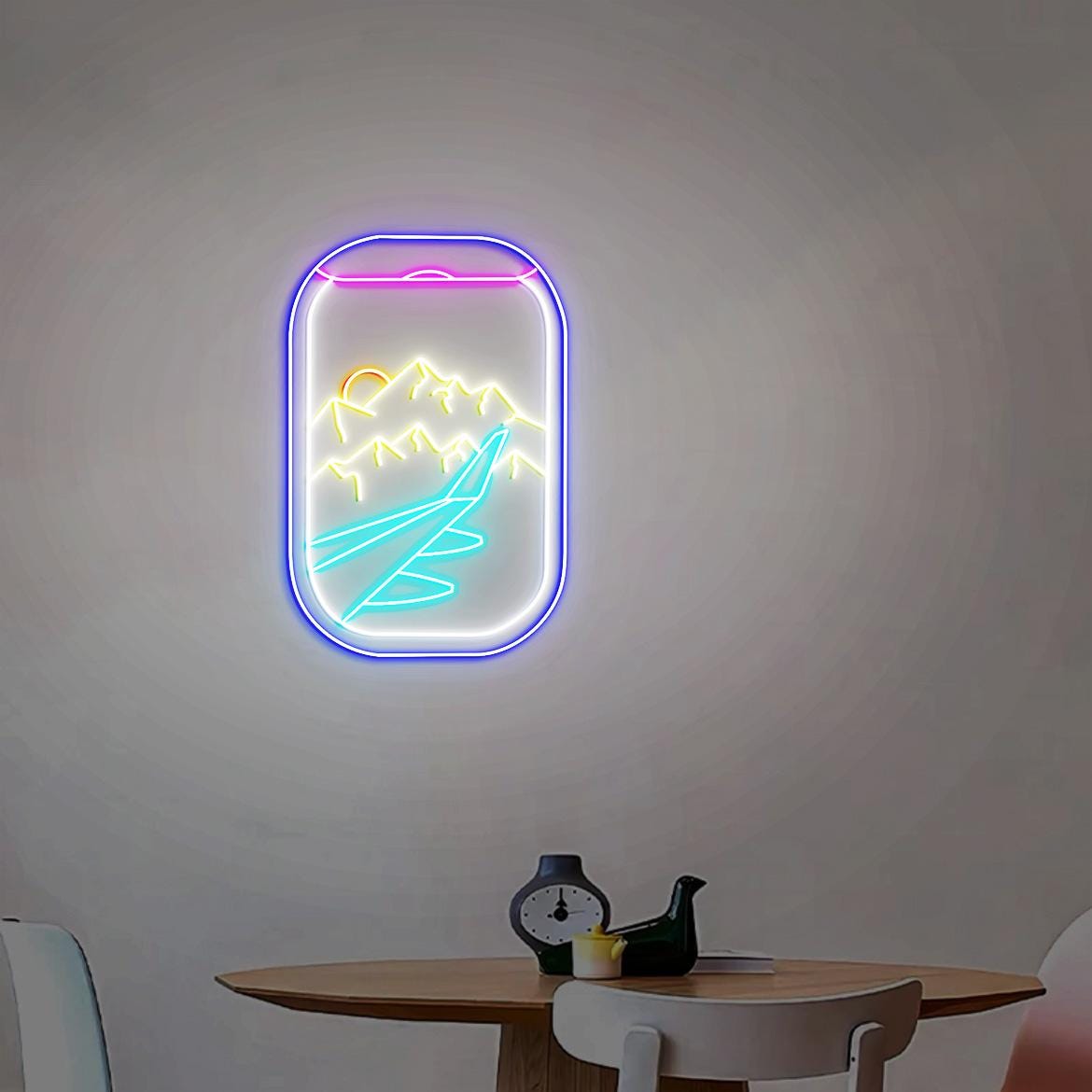 Airplane Window Neon Light, Aviation Room Wall Decor, Airplane Window Mountain Snow View, Snow Covered Mountains, Plane Window View