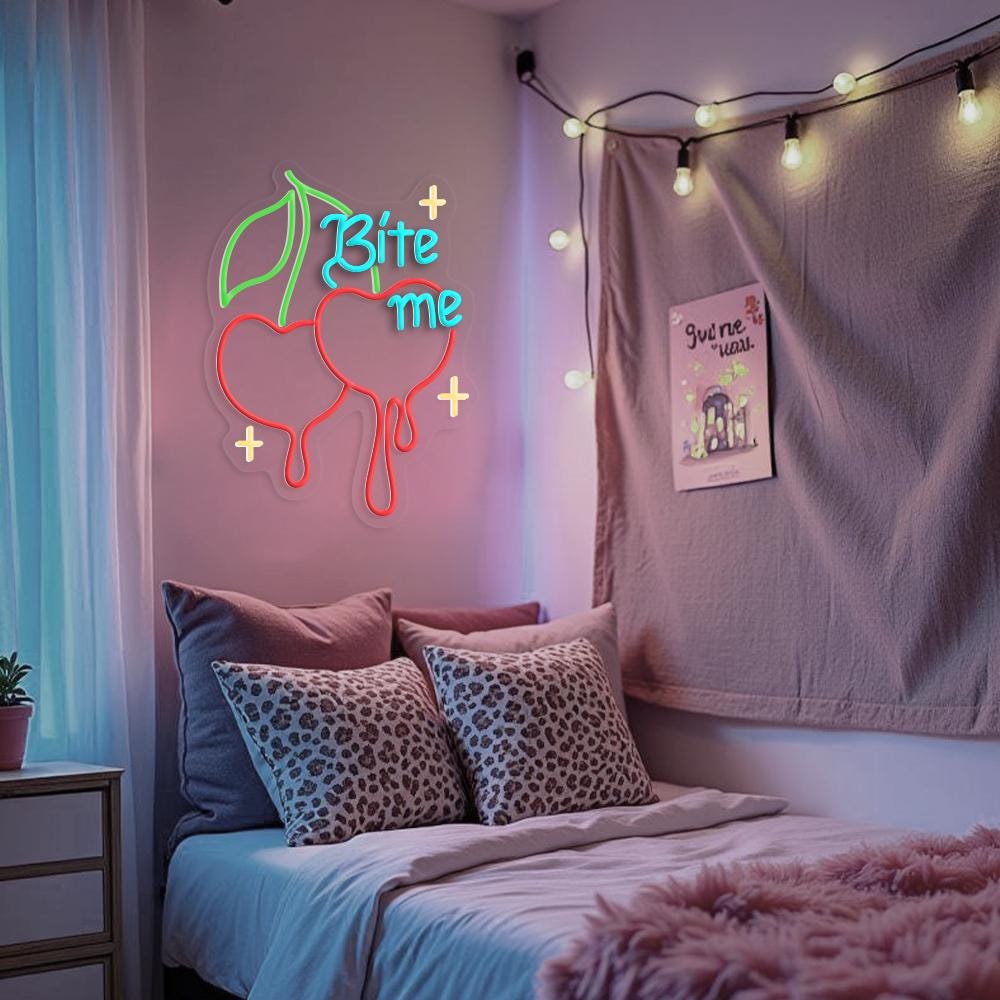 Bite Me Cherry Neon Sign, Dripping Cherry Neon Sign, Custom Neon Sign, Fruit Shop Wall Decor, Cherry Lover Gift, Cherry Led Light Fruit Sign