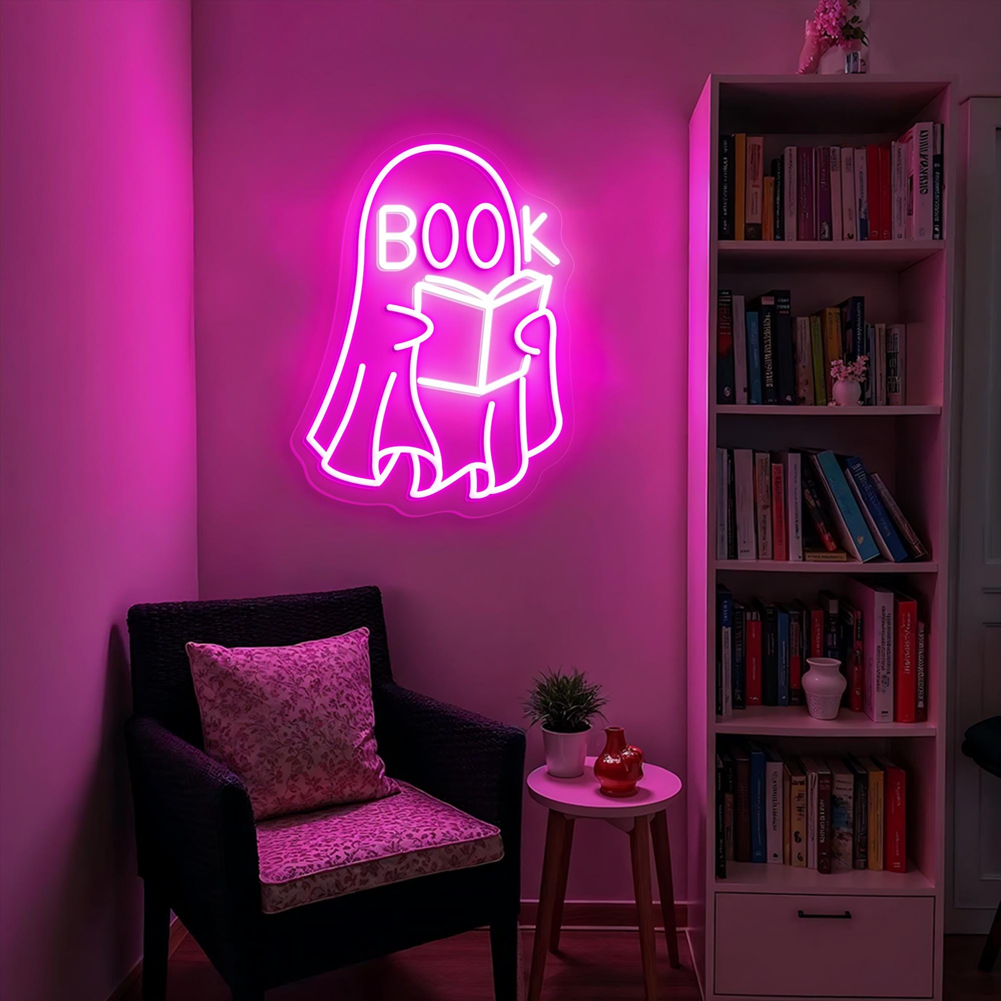 Cute Ghost Neon Light for Bookworms Spooky LED Sign Halloween Aesthetic Decor Reading Nook Decor Bookstore Wall Art Gothic Sign for Library