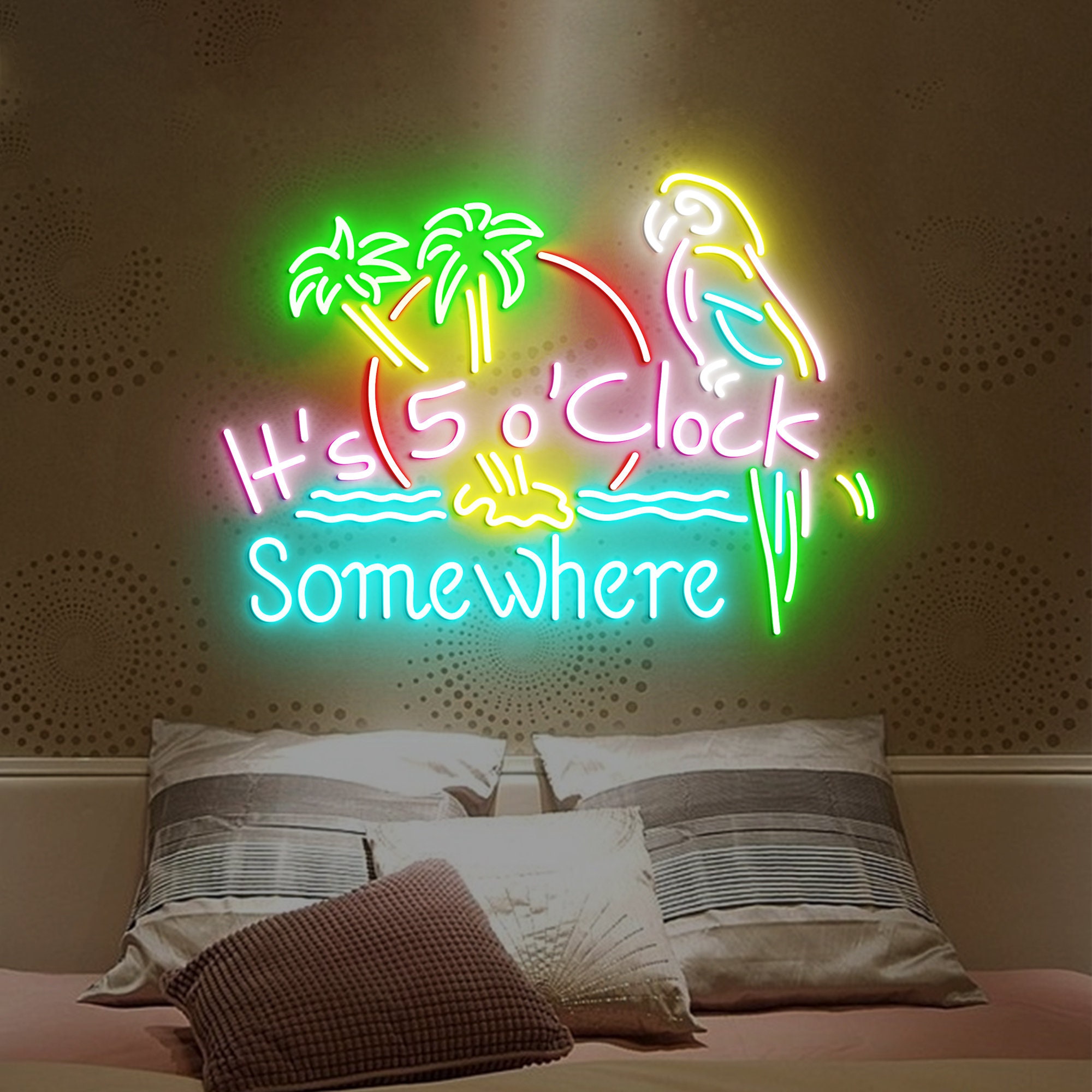 It's 5 O'clock Somewhere Neon Sign, Bar Led Sign, Parrot Neon Light, Beach Neon Sign, Cocktail Bar Sign, Tiki Bar Logo Neon Sign