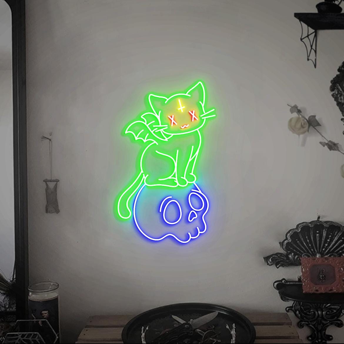 Pastel Goth Cat Neon Light, Kawaii Pastel Goth Cat Led Neon Sign, Cat on the Skull, Cute Pastel Cat for Girl, Pastel Anime Neon Sign Light