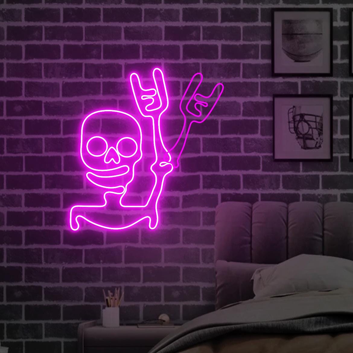 Skeleton Waving Hand Neon Sign, Halloween Skull Door Window Decorations, Funny Skull Waving Light Halloween Party Night Decor