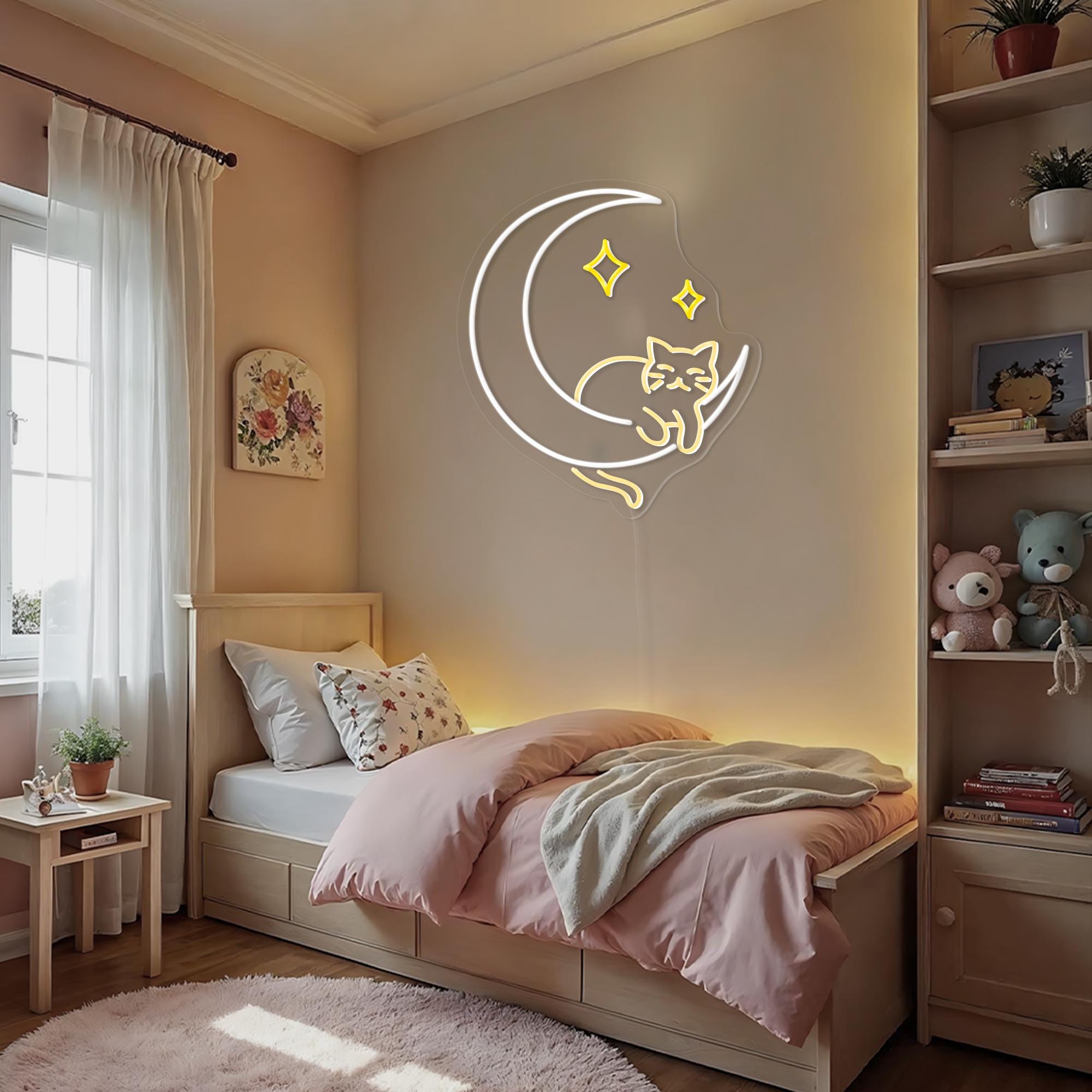 Clumsy Cat Moon Neon Sign Funny Cat Wall Art Cute Cat Led Sign Cat Moon Star Kawaii Cat Wall Art Kawaii Room Decor Girl Game Room Decoration