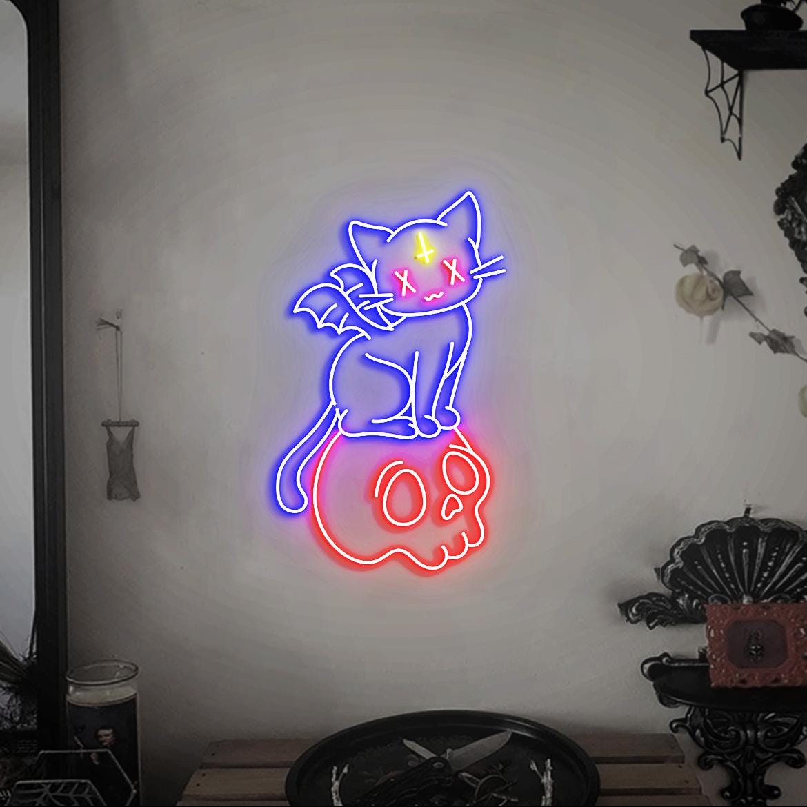 Pastel Goth Cat Neon Light, Kawaii Pastel Goth Cat Led Neon Sign, Cat on the Skull, Cute Pastel Cat for Girl, Pastel Anime Neon Sign Light