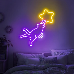 Star Cat Neon Sign, Fun LED Lights Wall Decor Gift for Kids Friends, Cute Bedroom Mood Light, Kawaii Cat Lover, Home Decor Neon Light