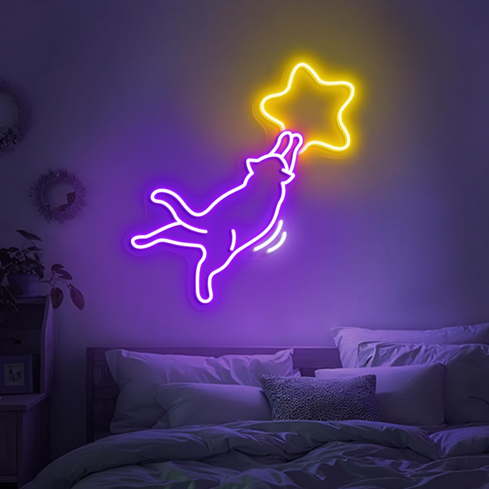 Star Cat Neon Sign, Fun LED Lights Wall Decor Gift for Kids Friends, Cute Bedroom Mood Light, Kawaii Cat Lover, Home Decor Neon Light