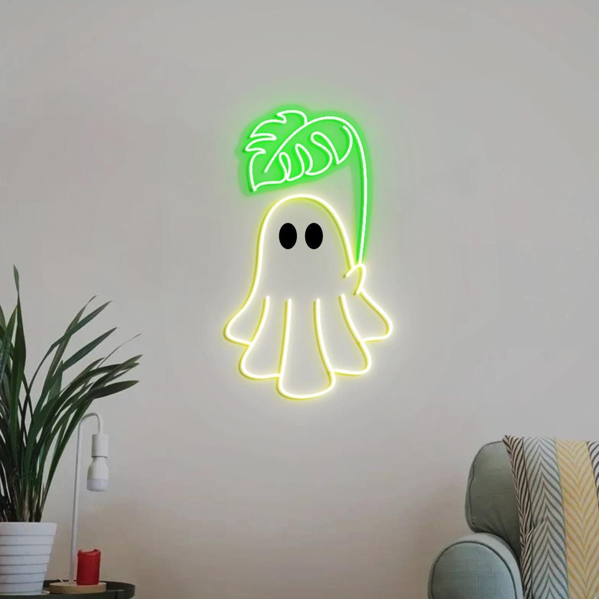 Cute Ghost Monstera Neon Sign, Cute Ghost Neon Light, Monstera Leaf Wall Art, Gifts for Plant Obsessed, Cute Plant Gifts