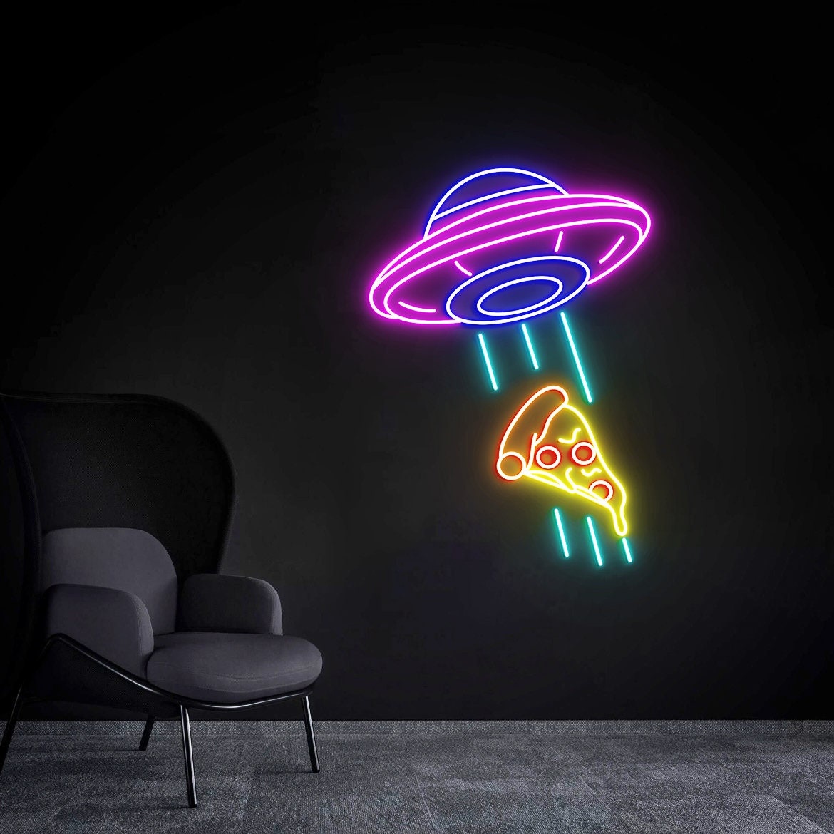 Cool UFO Neon Sign, Kidnapping Pizza Neon Sign, Creative UFO Wall Decor, Neon Bar Sign, Birthday Gift, Flying Saucer Bedroom Neon Light Sign