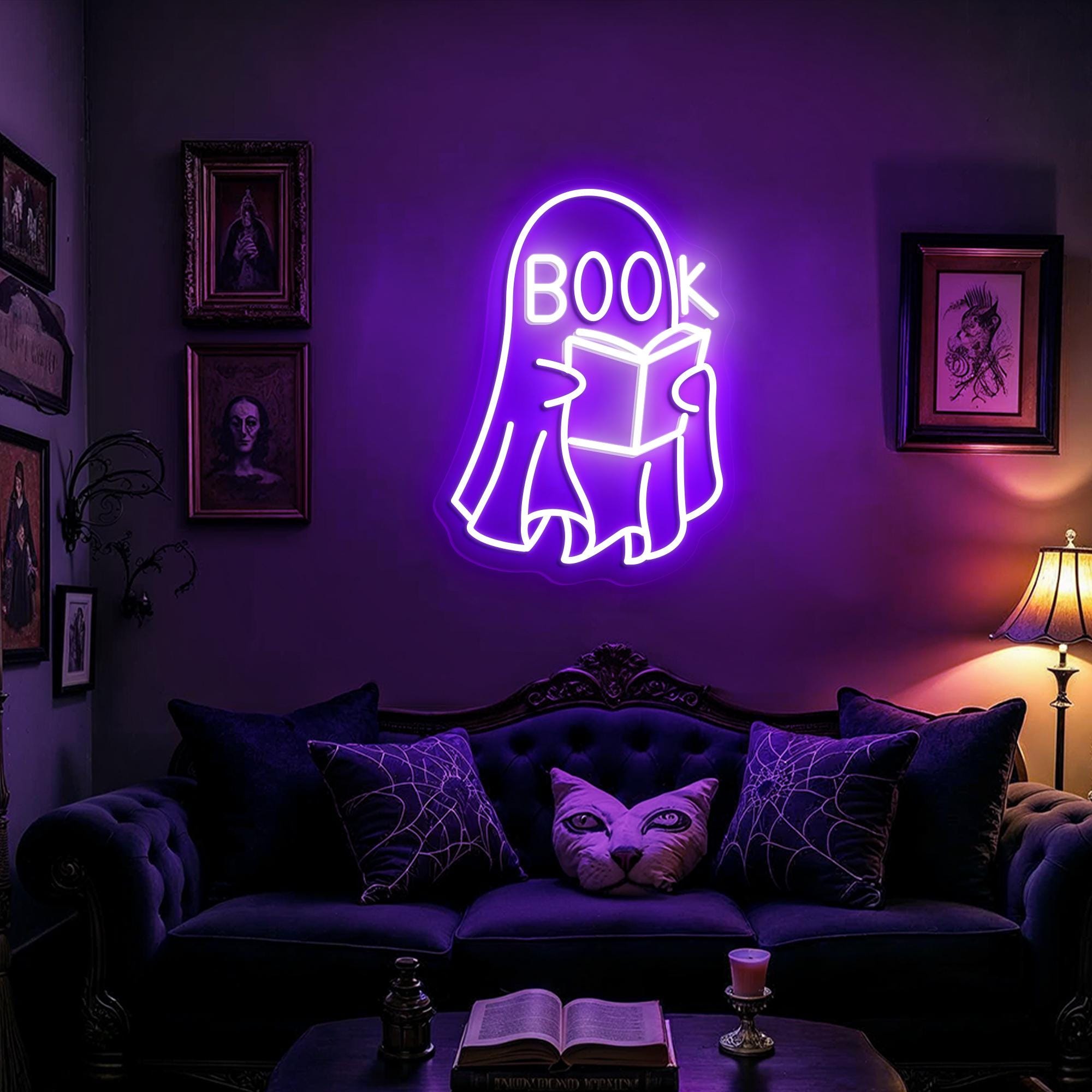Cute Ghost Neon Light for Bookworms Spooky LED Sign Halloween Aesthetic Decor Reading Nook Decor Bookstore Wall Art Gothic Sign for Library