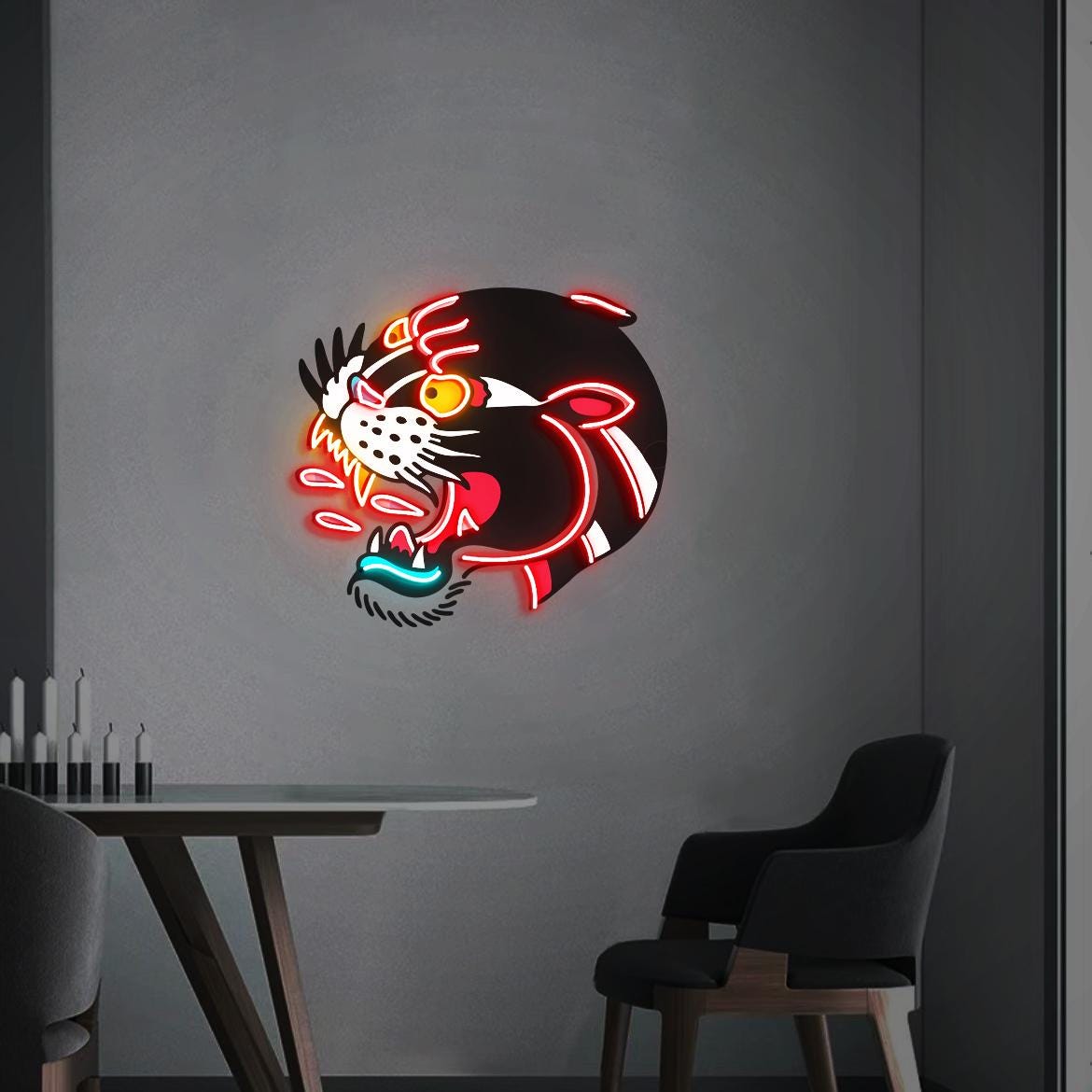 Tattoo Black Panther Neon Sign, UV Printed Black Panther, American Traditional Panther Wall Art, Tattoo Panther Decor, Traditional Tattoo