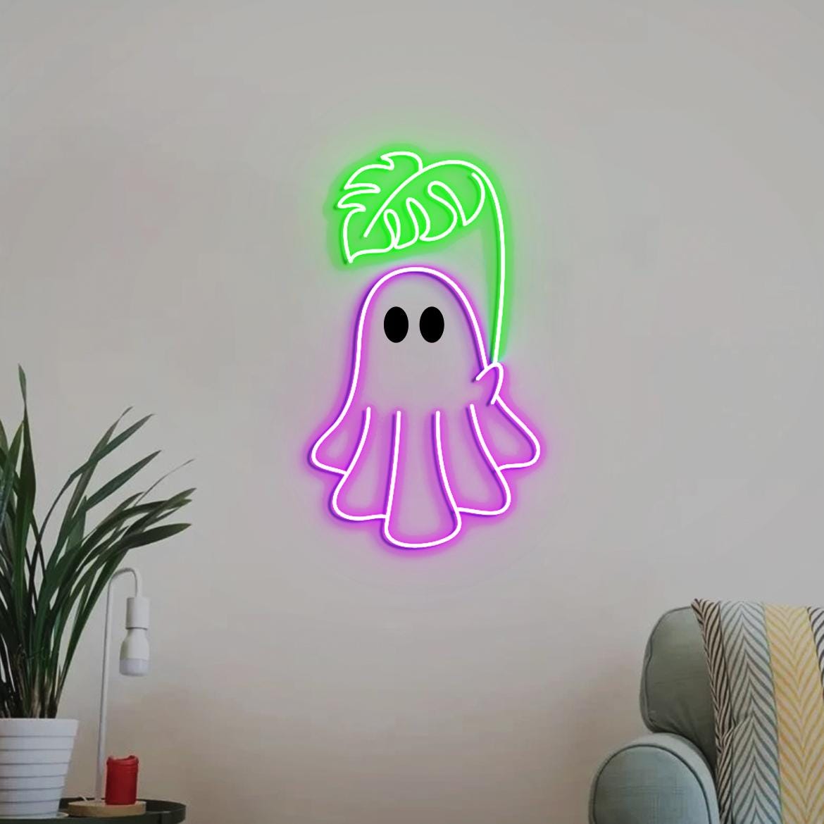 Cute Ghost Monstera Neon Sign, Cute Ghost Neon Light, Monstera Leaf Wall Art, Gifts for Plant Obsessed, Cute Plant Gifts