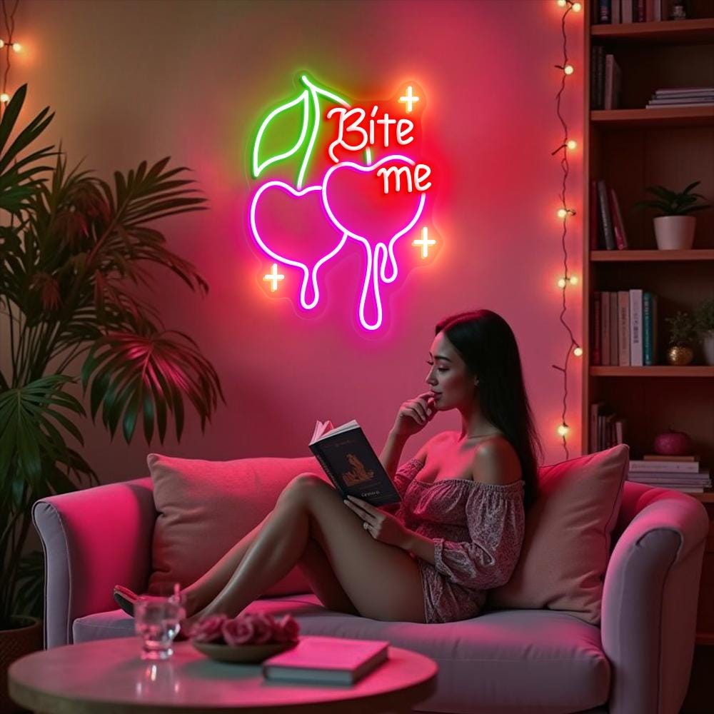 Bite Me Cherry Neon Sign, Dripping Cherry Neon Sign, Custom Neon Sign, Fruit Shop Wall Decor, Cherry Lover Gift, Cherry Led Light Fruit Sign