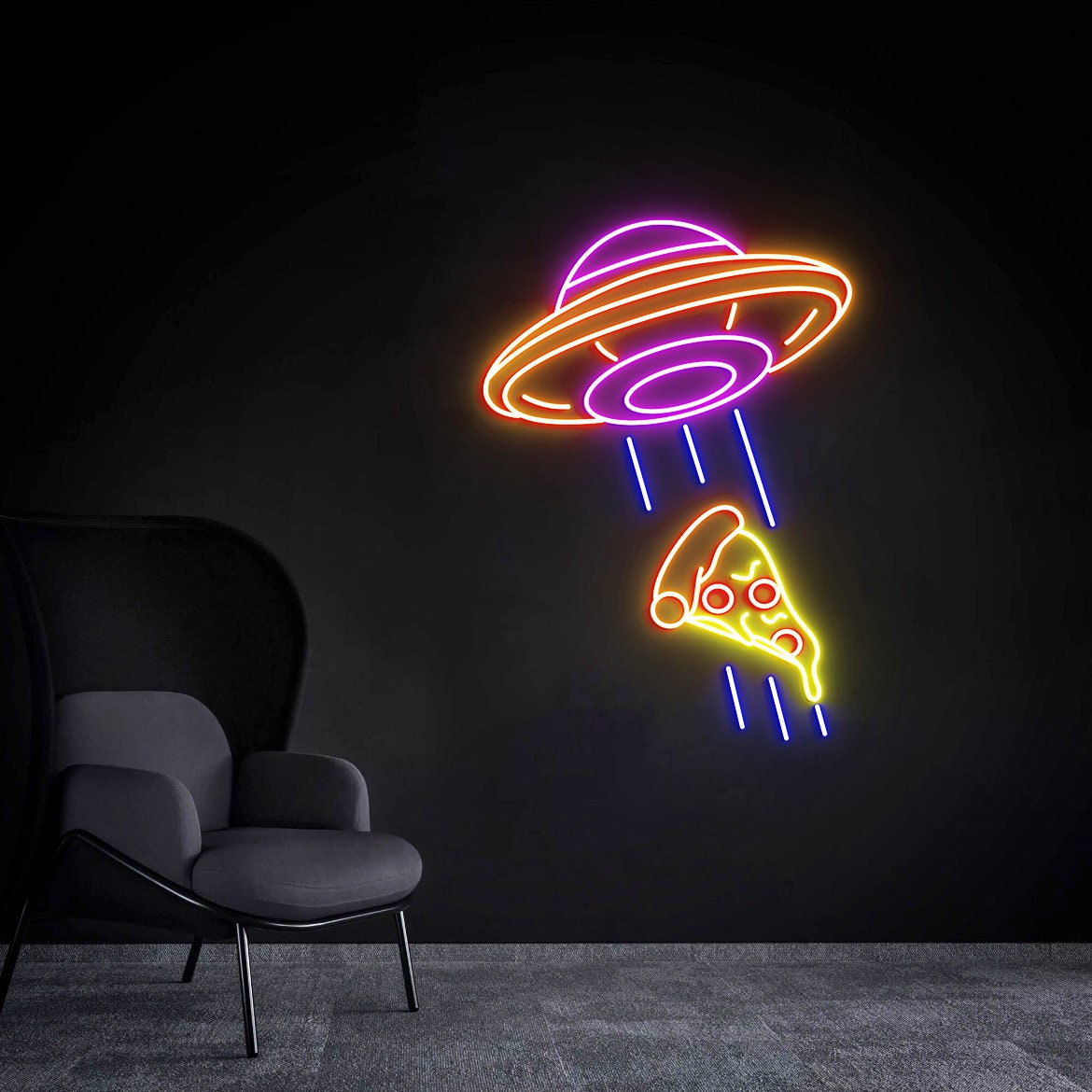 Cool UFO Neon Sign, Kidnapping Pizza Neon Sign, Creative UFO Wall Decor, Neon Bar Sign, Birthday Gift, Flying Saucer Bedroom Neon Light Sign