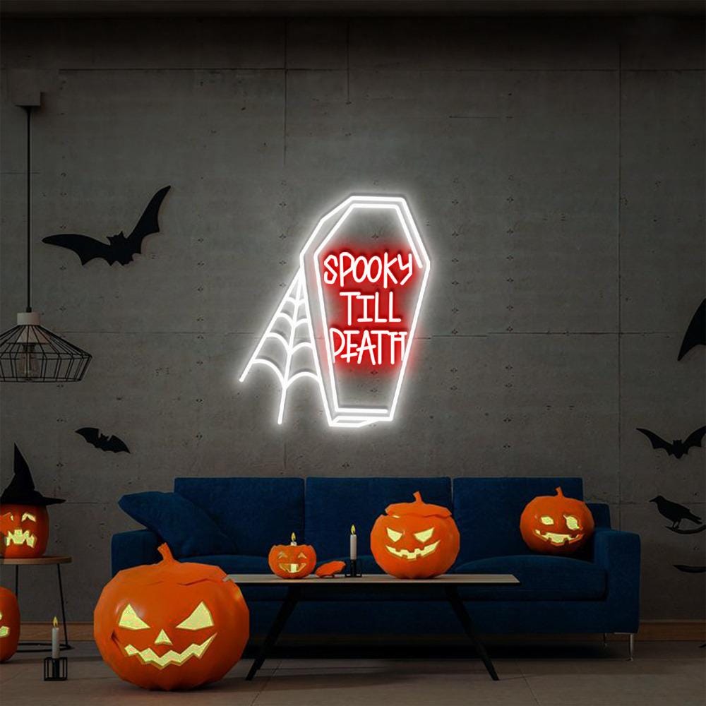 Spooky Till Death Neon Sign Gifts, Pumpkin Skeleton Neon Sign, Ghost Neon Led, Spooky Season Gift, Halloween Party Neon Led, Fall Ghost Neon
