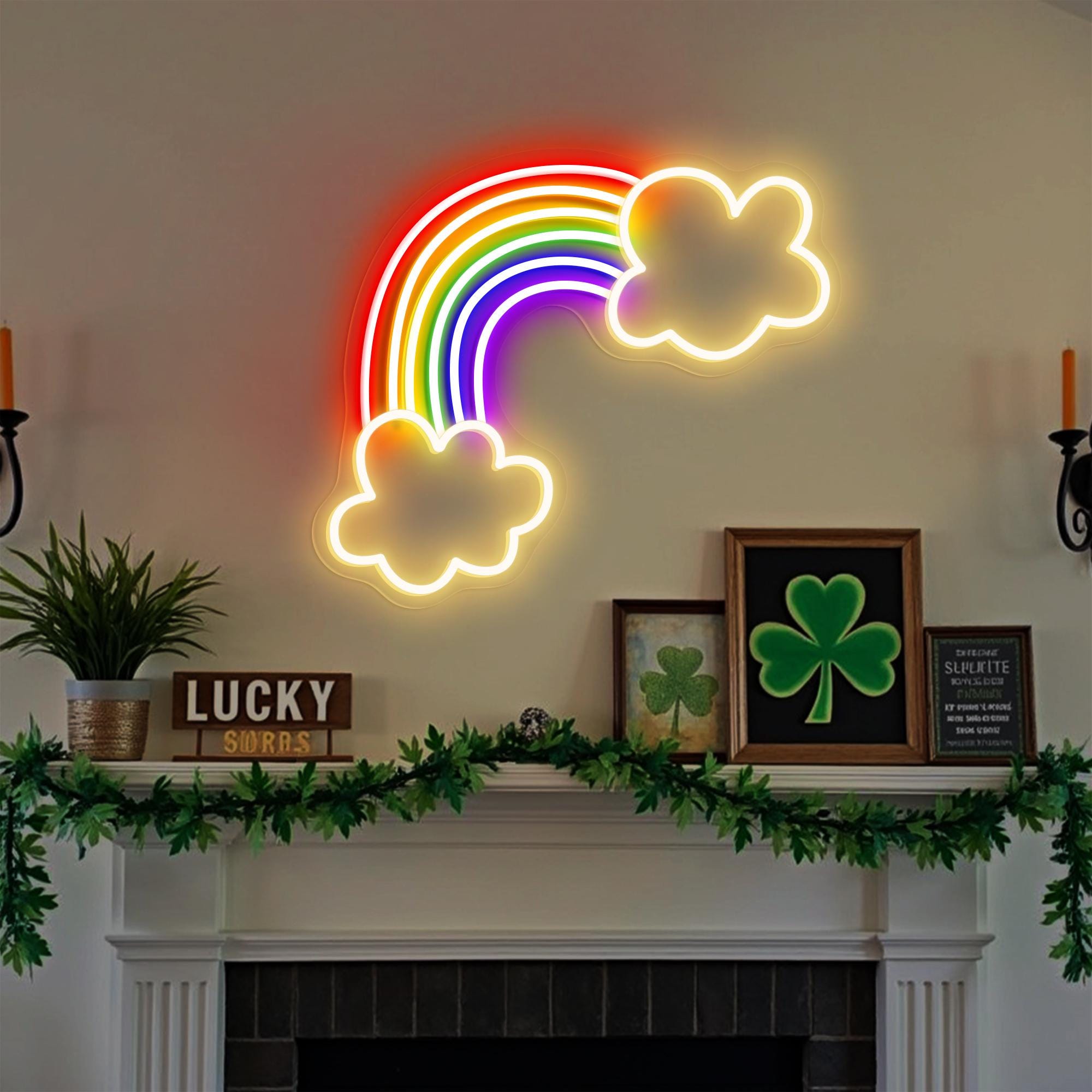 Rainbow and Cloud Neon Sign Shamrock St. Patrick’s Day Neon Light Irish Lucky Decor Colorful Wall Art Fun Gift for Kid Bar and Party Decor