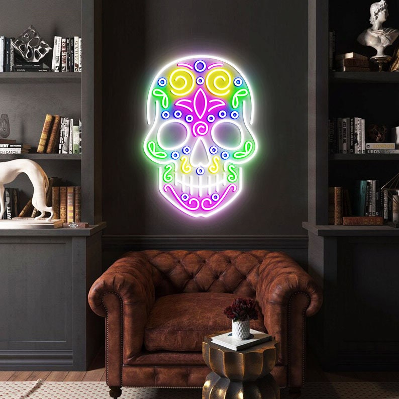 Sugar Skull Neon Light, Mexican Skull Decor, Mexican Bedroom Neon Lights, Sugar Skull Wall Decoration