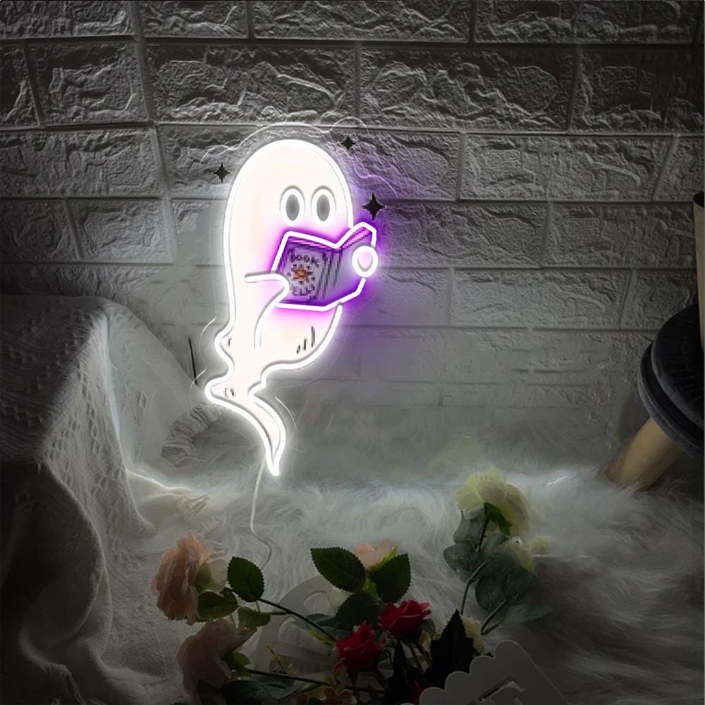 Ghosts Reading Books Neon Sign, Books Lover Ghost Gift, Cute Little Ghost Neon, Womens Halloween Neon, Spooky Season Neon, Fall Graphic Neon