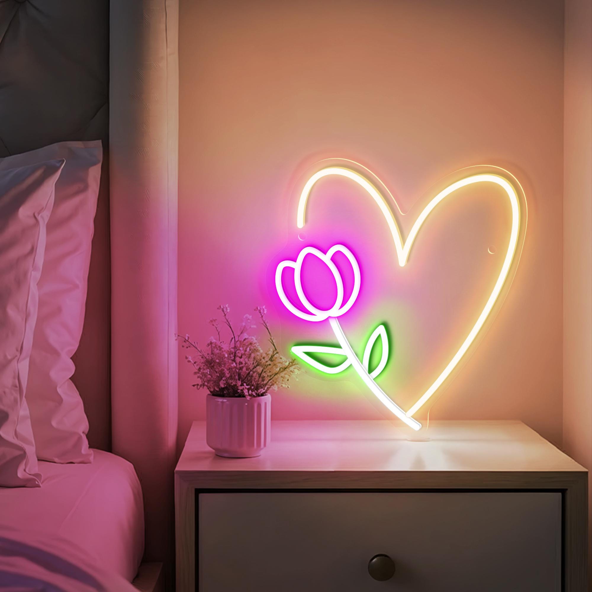 Tulip Flower and Heart Neon Sign Personalized Valentine Gift for Her Aesthetic Room Decor Mothers Day Gift Nail Salon Decor Kids Room Decor