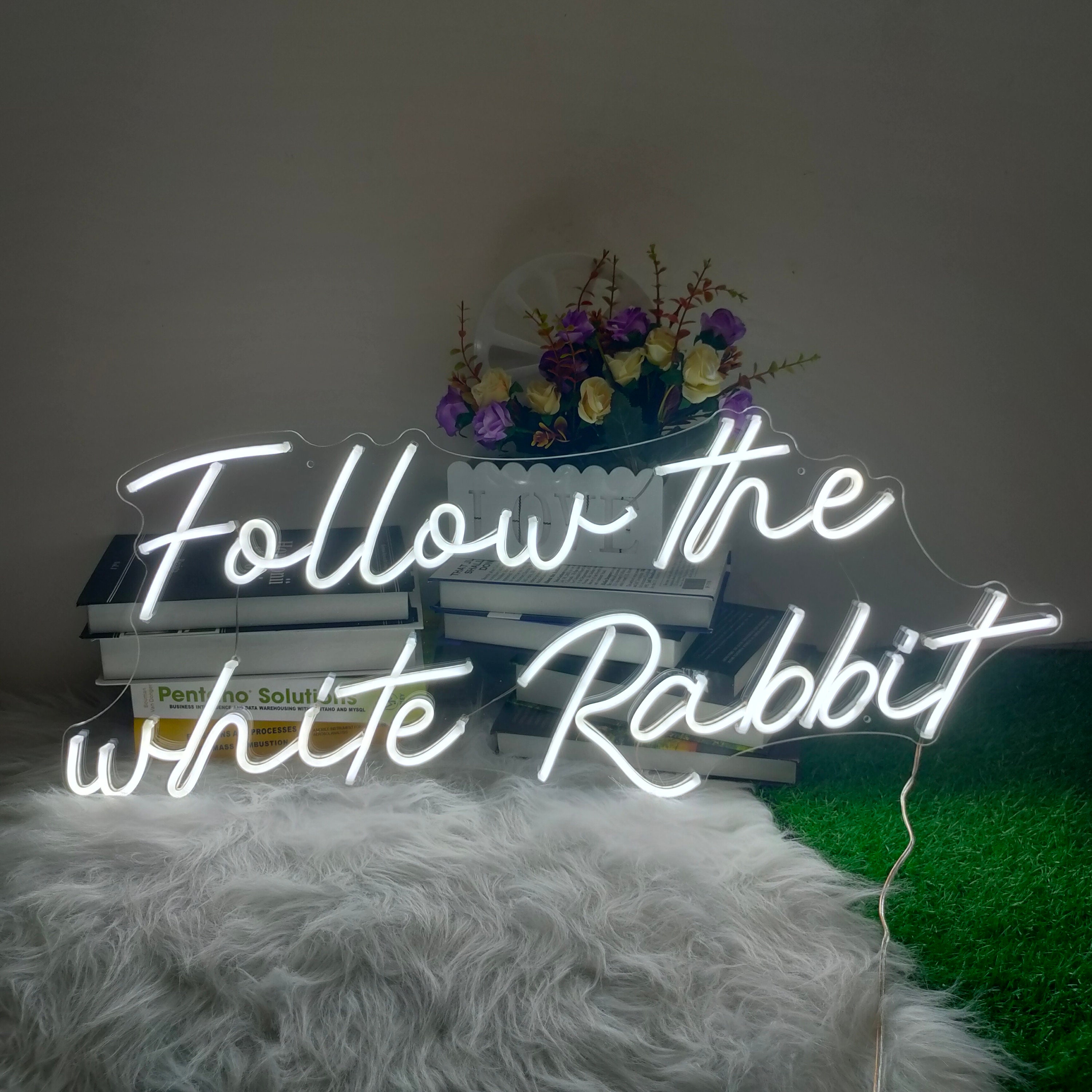 Follow the White Rabbit Neon Sign Custom Name Logo Led Light Home Decor Banner For Room Party Pub Birthday Gift Wed Decoration Acrylic Lamp