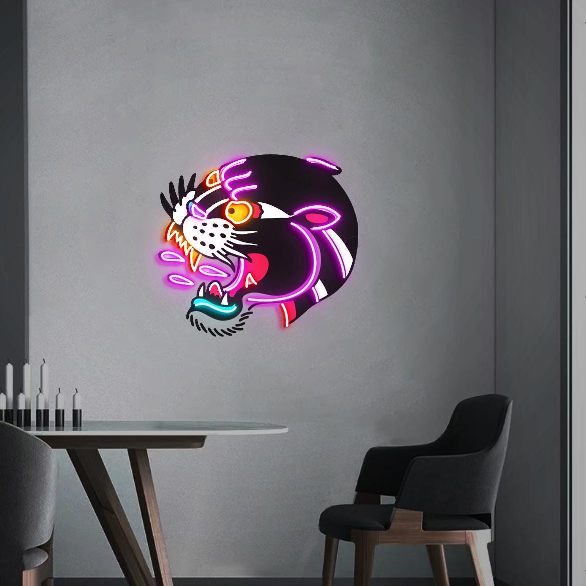 Tattoo Black Panther Neon Sign, UV Printed Black Panther, American Traditional Panther Wall Art, Tattoo Panther Decor, Traditional Tattoo